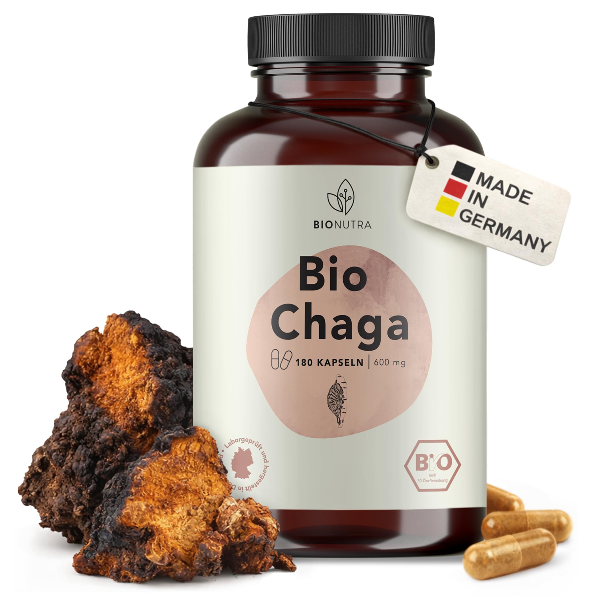 BIONUTRA® Gélules de Chaga bio hautement dosées, 1200 mg/jour, contrôlées résidus, fabrication allemande, véganes, sans lactose ni gluten, sans additifs, champignon Chaga bio, 180 pièces x 600 mg