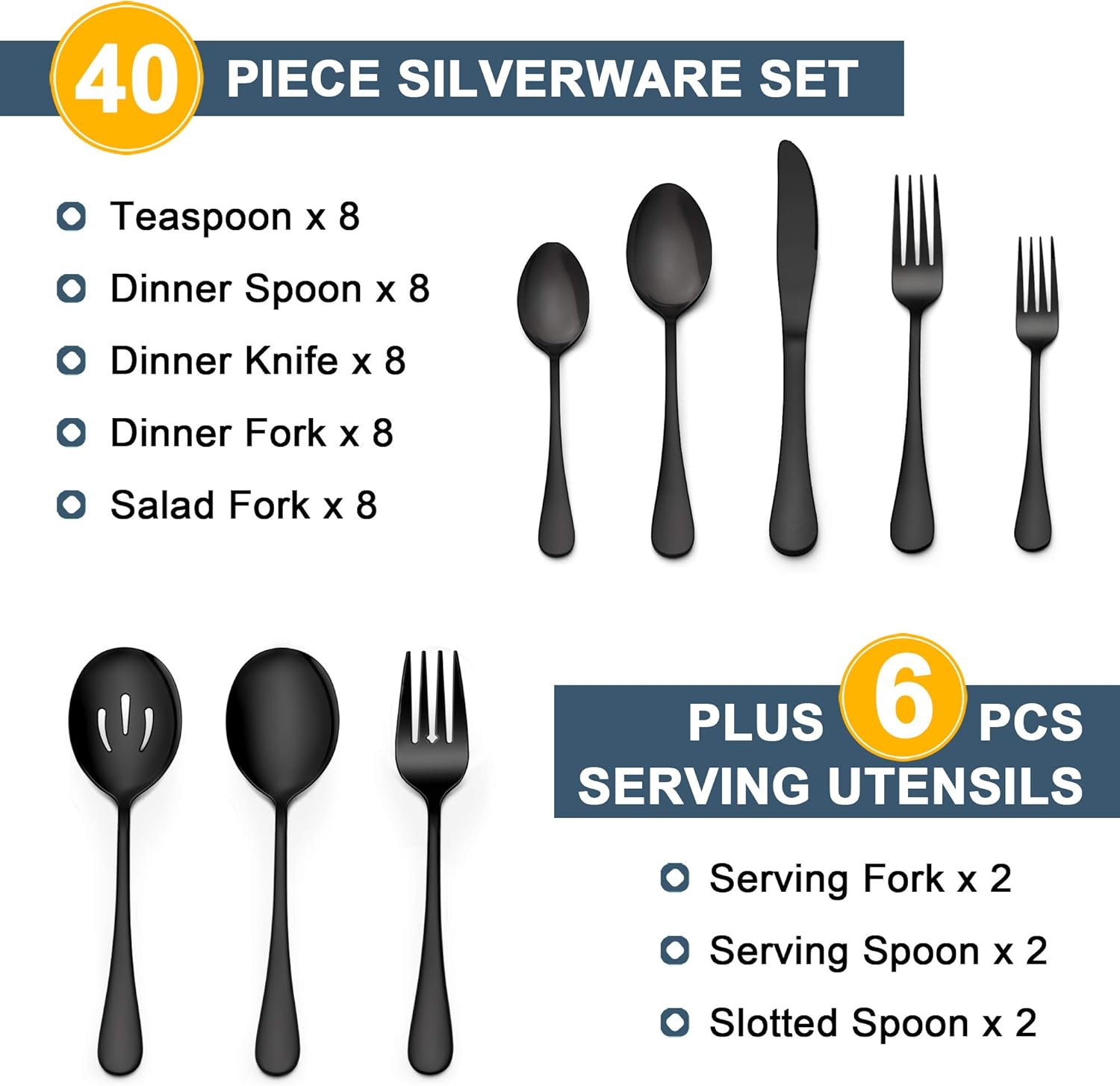 LIANYU 46-Piece Black Silverware Flatware Set for 8, Stainless Steel Flatware with Serving Utensils, Elegant Cutlery Tableware Includes Forks Spoons Knives, Mirror Polished