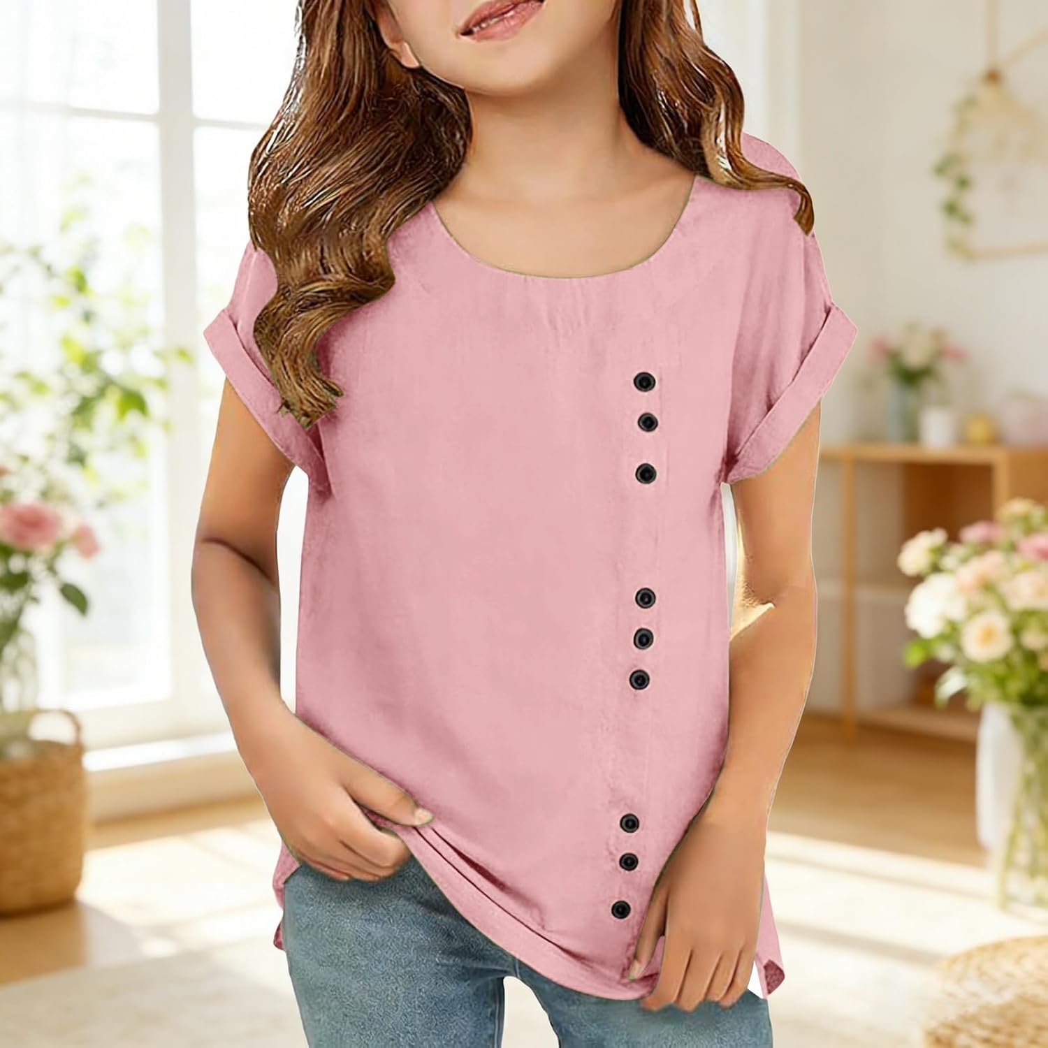 Girls Short Sleeve T-Shirts Crewneck Tunic Tops Casual Tees Kids 5 to 14 Years