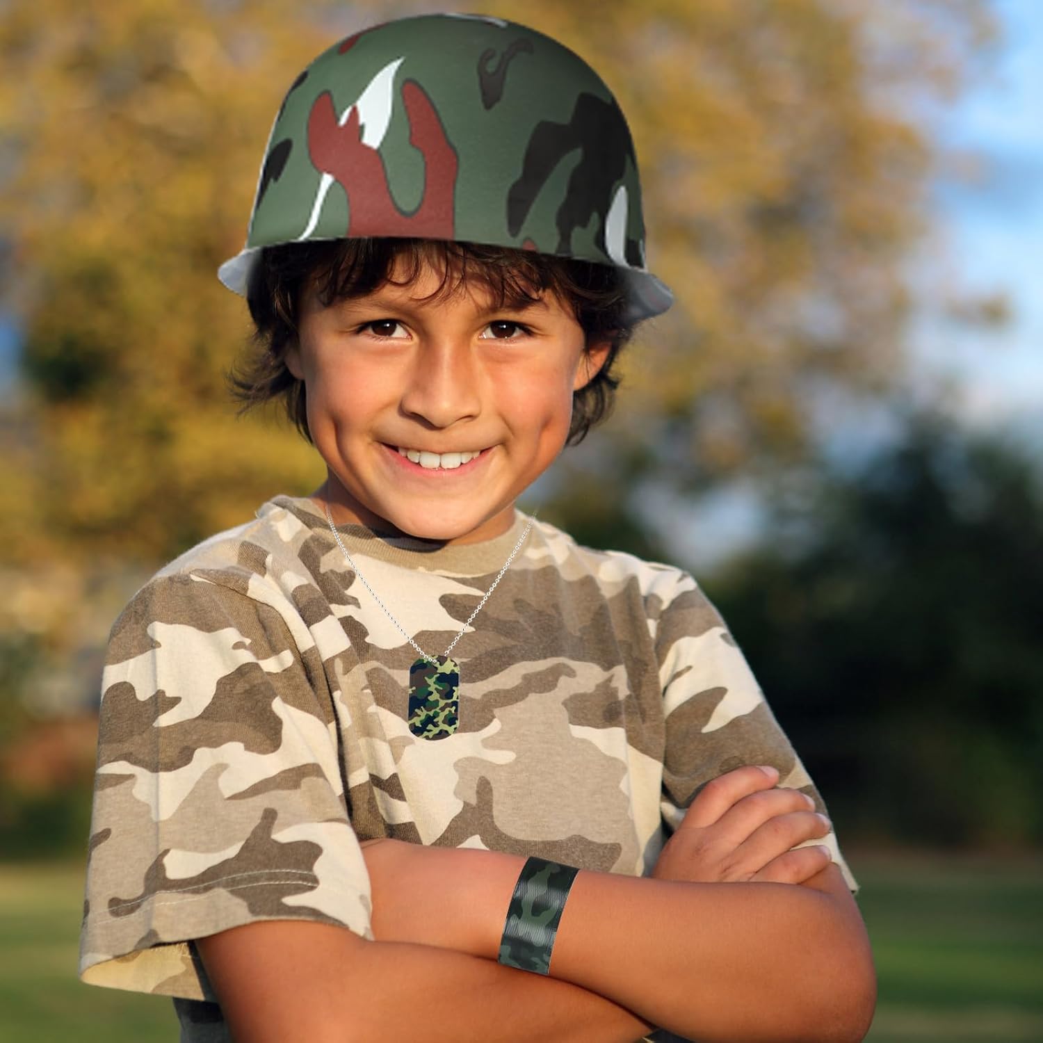 140 Pcs Army Accessories for Kids 100 Camo Slap Bracelets 20 Plastic Army Helmet 20 Camouflage Dog Tags with Beaded Chains for Kids Adults Camo Theme Party Birthday Decorations