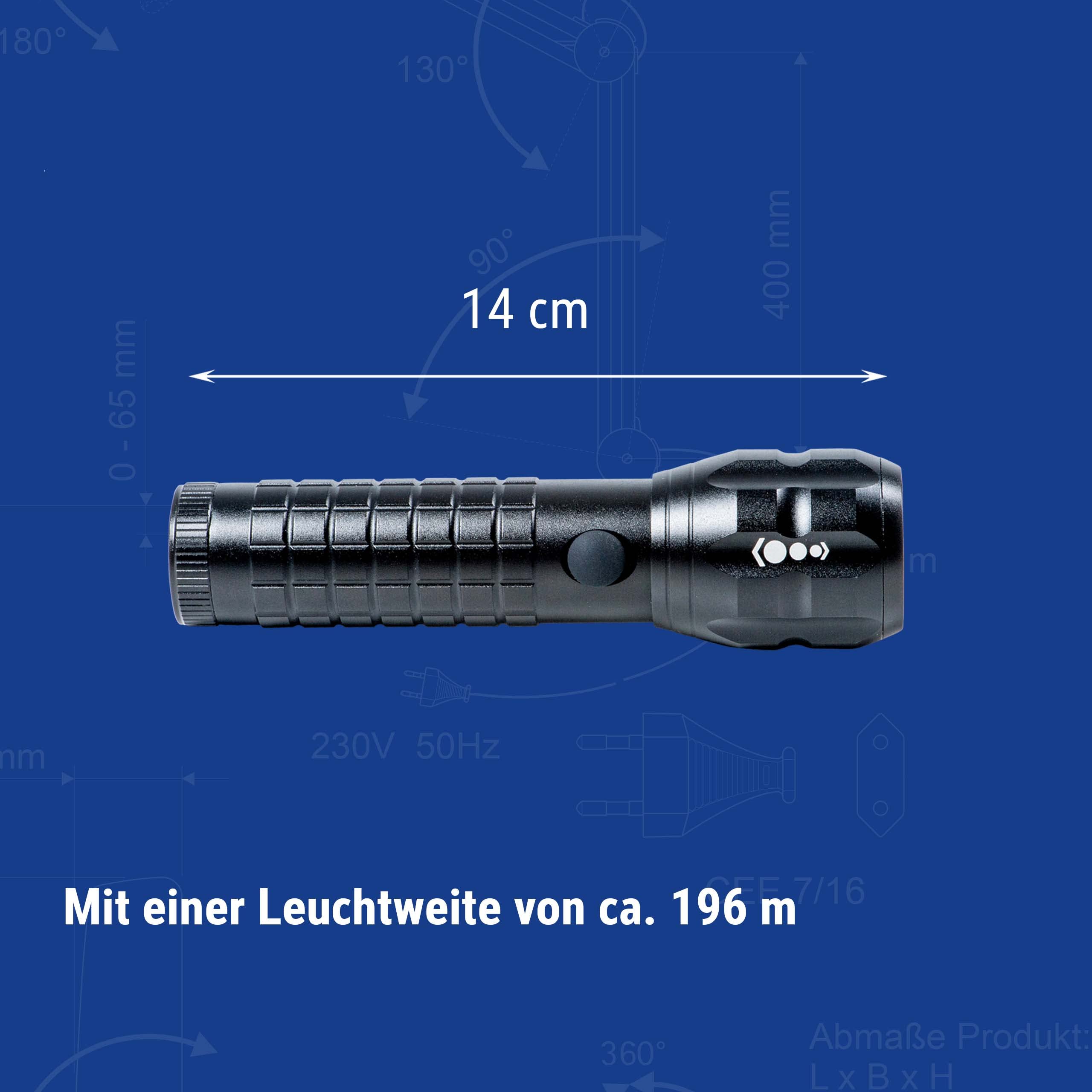 MAUL LED-Taschenlampe MAULeos – 120 Lumen, Stufenlos Fokussierbar, Bis 150 M Reichweite, IPX4 Spritzwassergeschützt