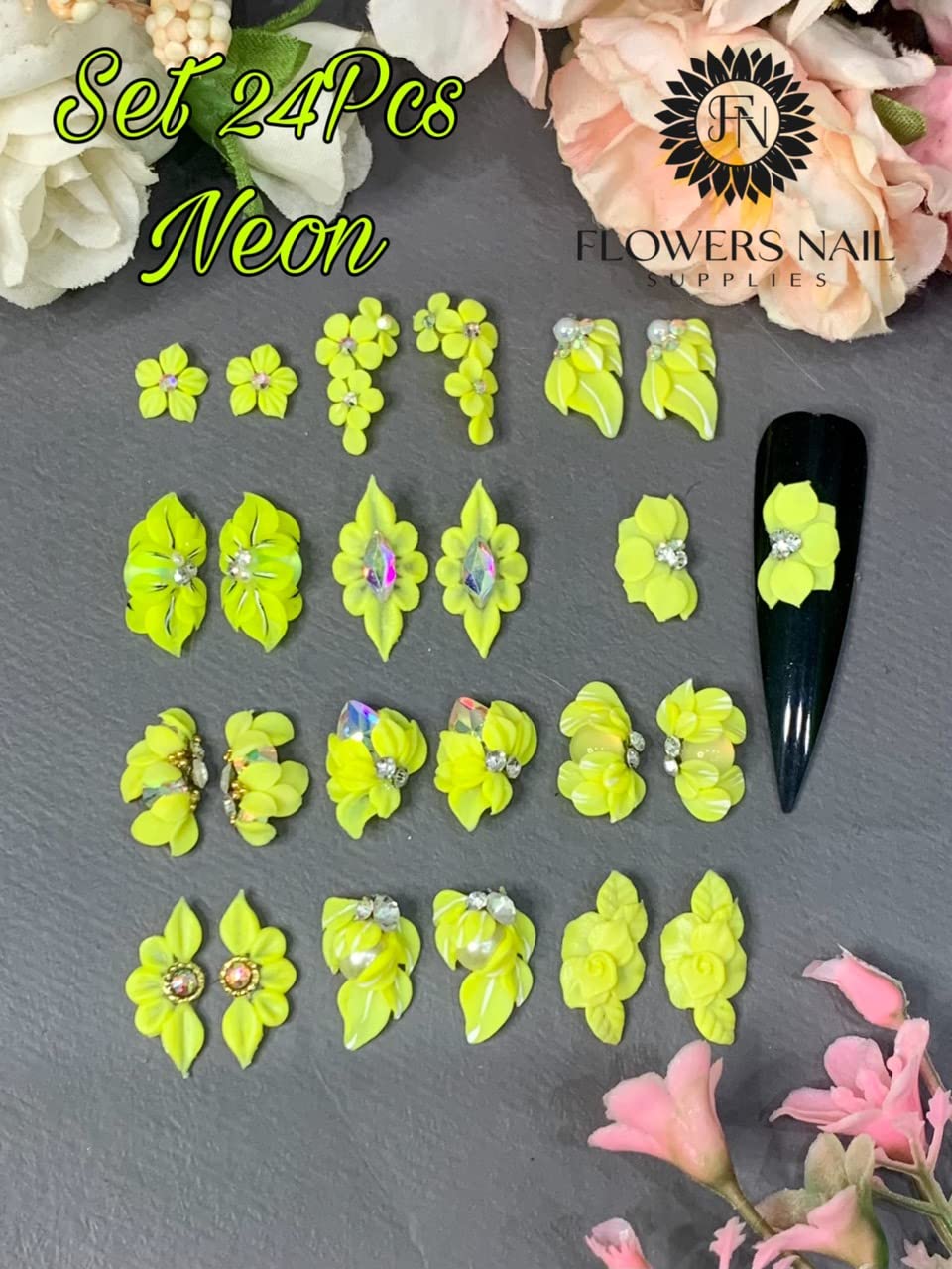 3D Acrylic Flower Nail Art Charms Handmade by Acrylic Powder - 15 colors, 24pcs Flowers Nail Rhinestones Kit 3D Crystal Nail Pearls Flat Design Acrylic Nail Art for Women Girls (Noel 0#)