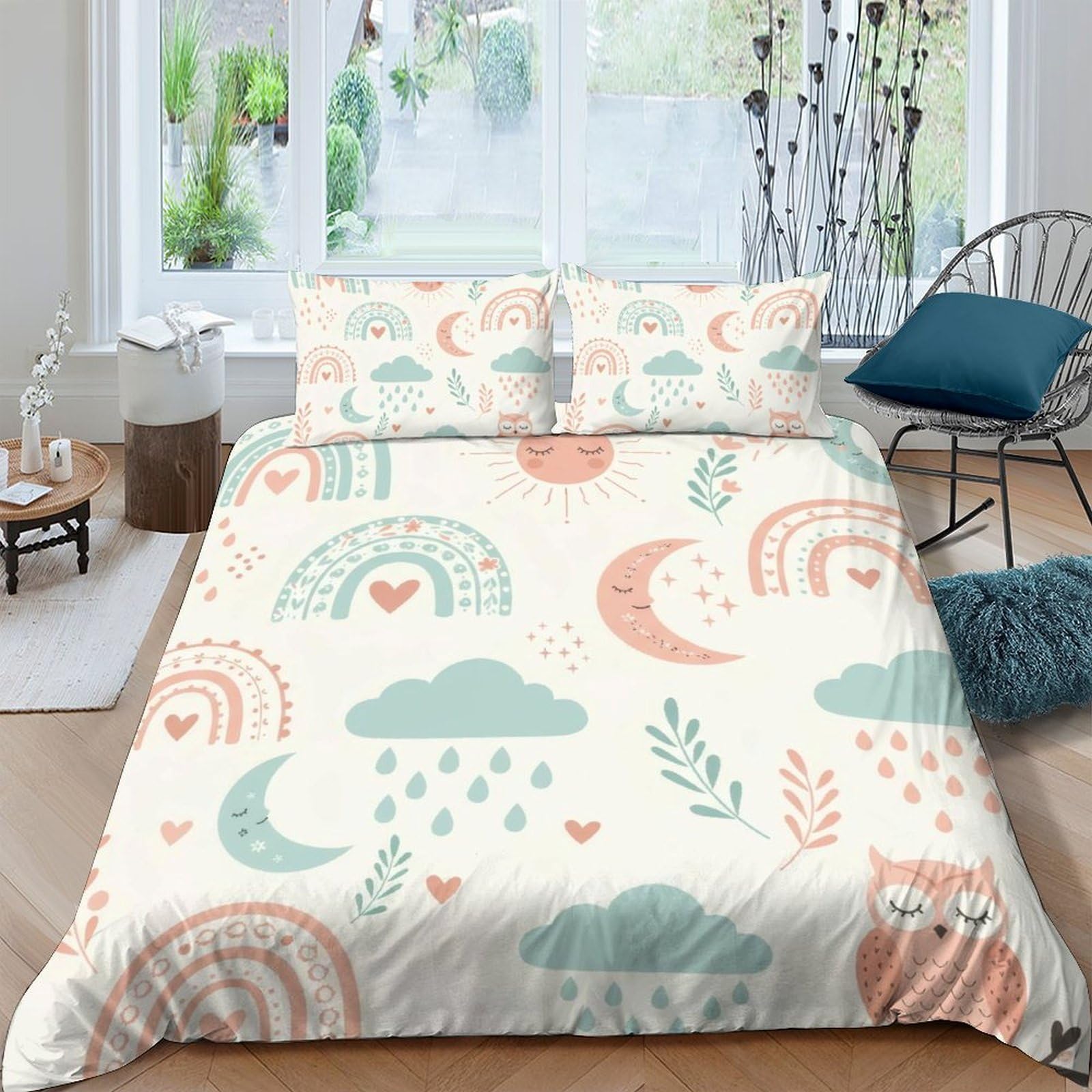 Ctjqhvkz Style-3 3D Printed Boho Rainbow Fitted Sheet Microfiber Soft Moon Cloud Mattress Cover For Bedroom Guest Room Easy Care Single（135X200cm）
