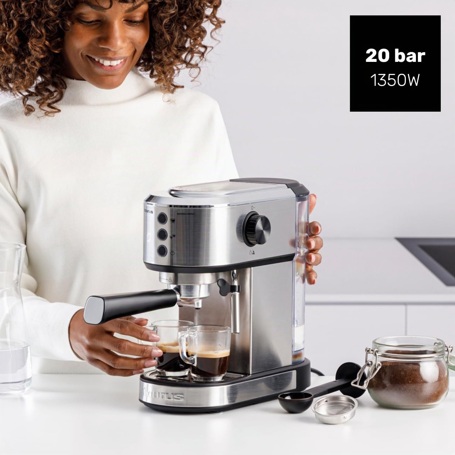 TAURUS - Machine à Espresso Euforia Compact 1350W | 20 Bars de Pression | Système Thermoblock | Filtre Supreme Cream | Buse Vapeur Orientable | Double Café Simultané | Cuillère Doseuse