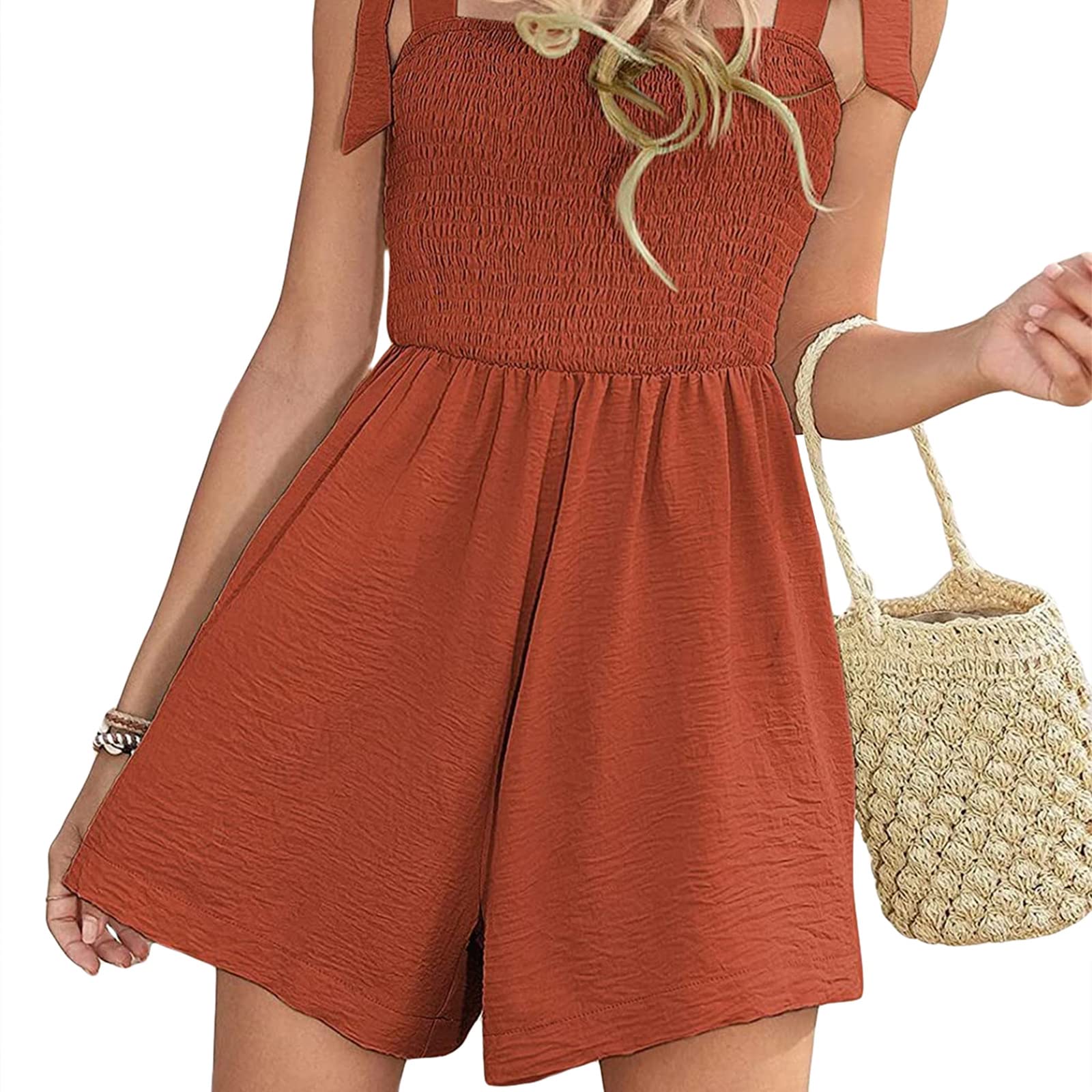 Barboteuse d'été sans manches taille haute pour femme, Rouge, S