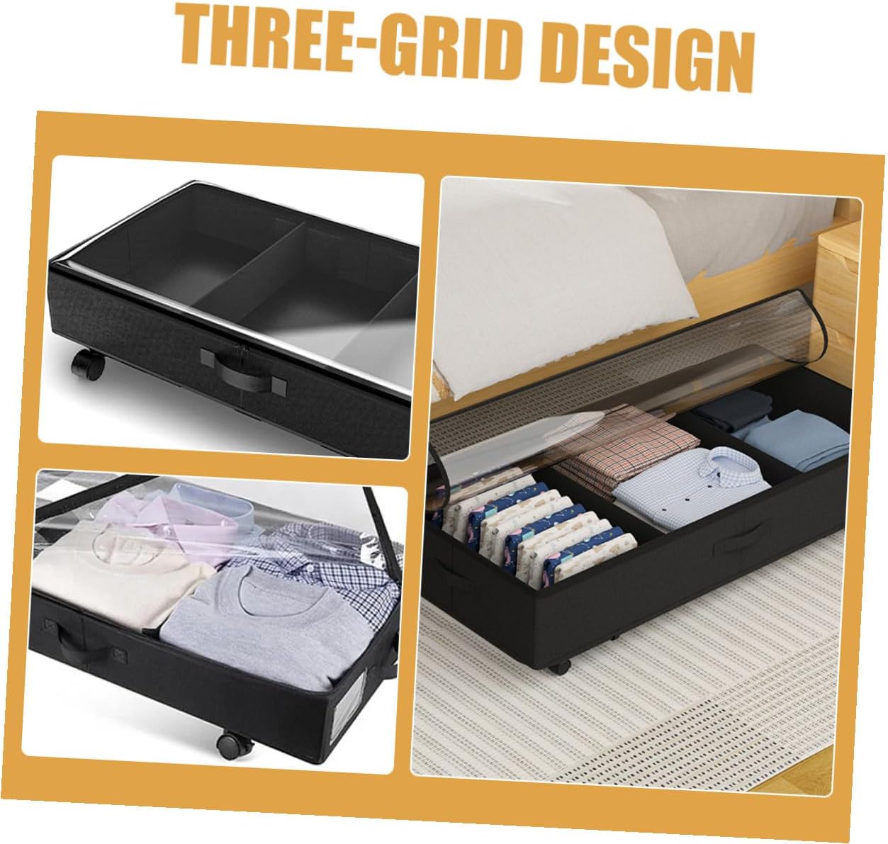 Bed Storage Container with Wheels, Large Capacity 3-grid Oxford Fabric Organizer Bin for Clothes, Quilts, Dustproof Clothing Storage Box for Bedroom