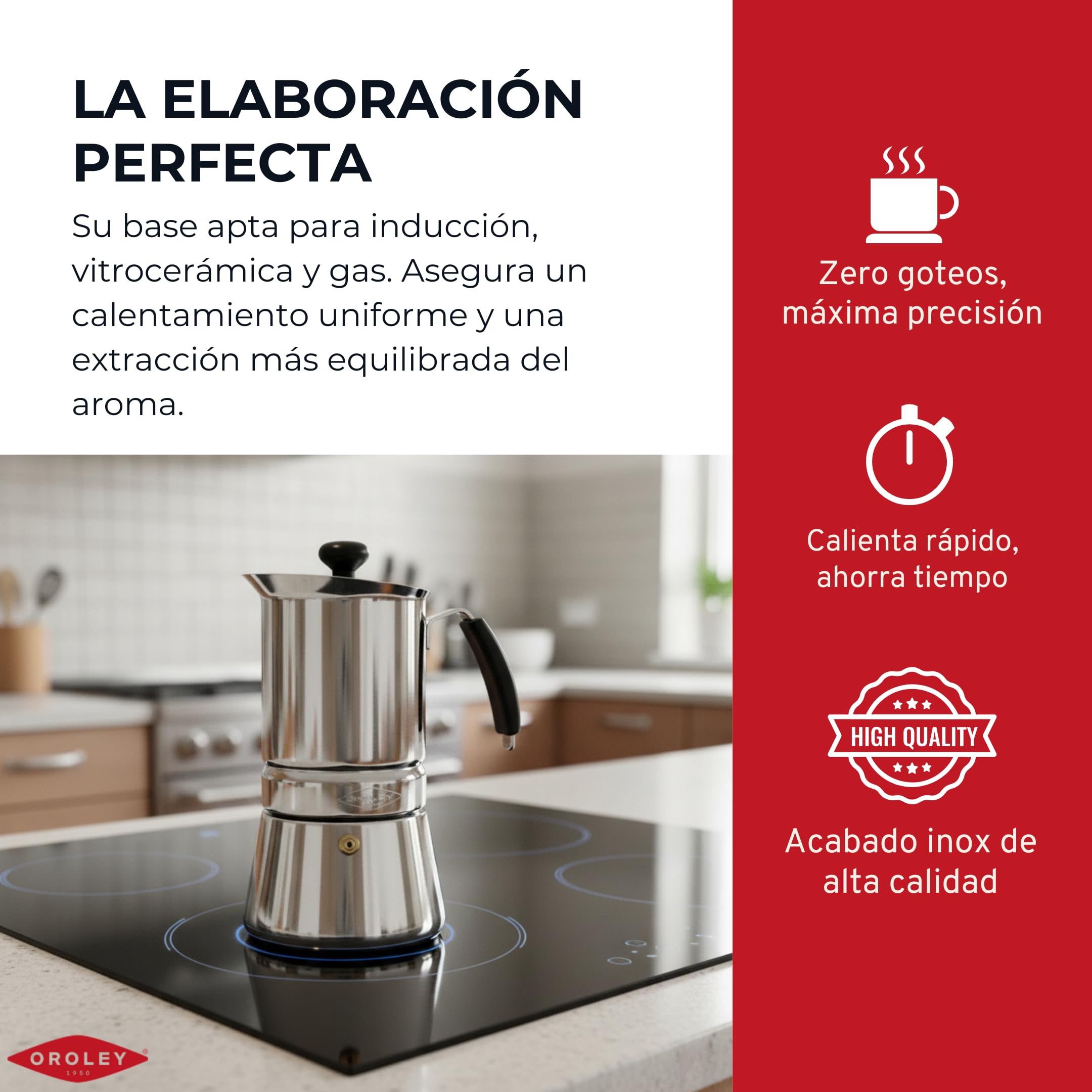 Oroley - Cafetera Italiana Arges | Acero Inoxidable | 2-4 - 6-9 Tazas | Cafetera Inducción, Vitrocerámica, Fuego y Gas | Estilo Tradicional (9 Tazas)