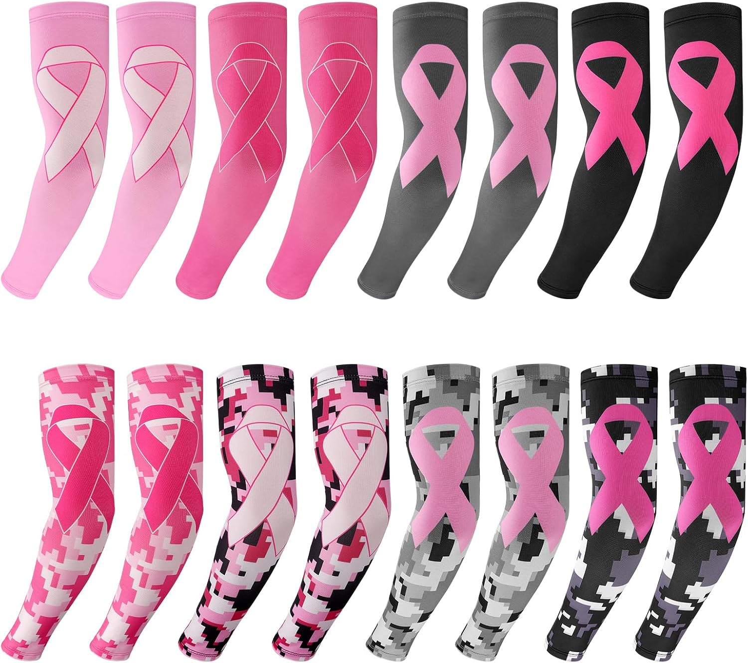 Bigmeta 8 Pairs Breast Cancer Awareness Sleeves - Sports Compression Arm Sleeves with Ribbon, UV Protection Sleeves, S/M/L