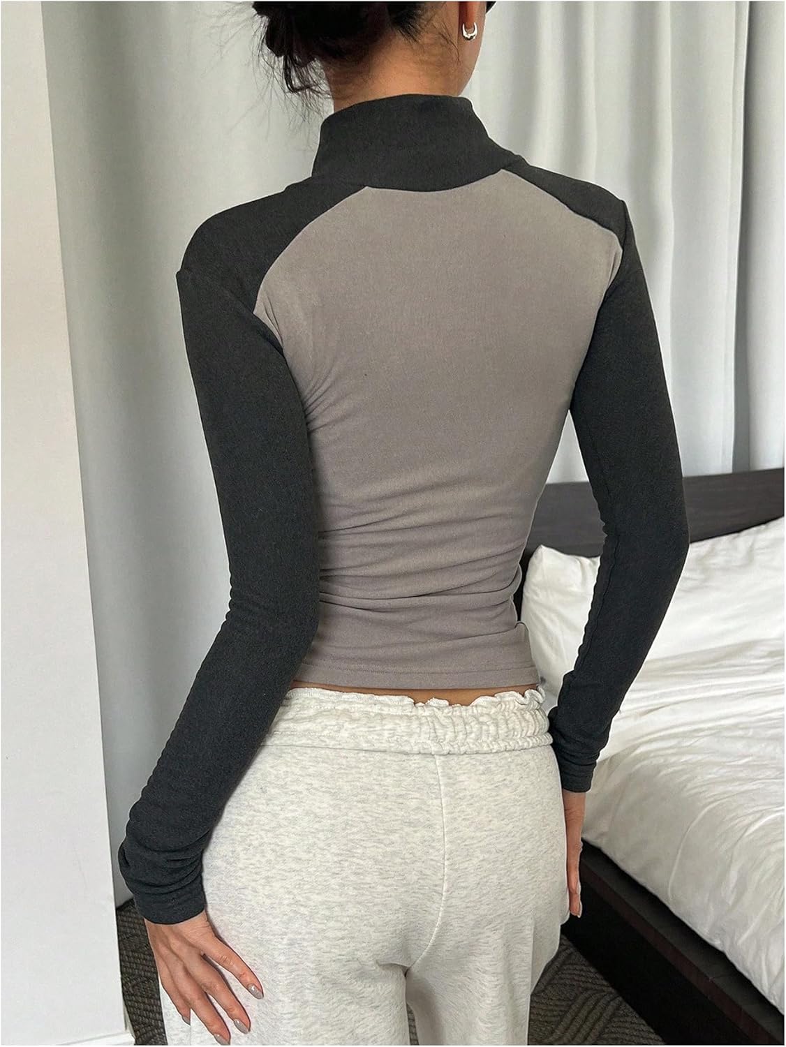 SHENHE Women's Ribbed Knit Long Sleeve Thermal Fleece Top Half Zip Slim Fit Cropped Tee Shirt - Image 3