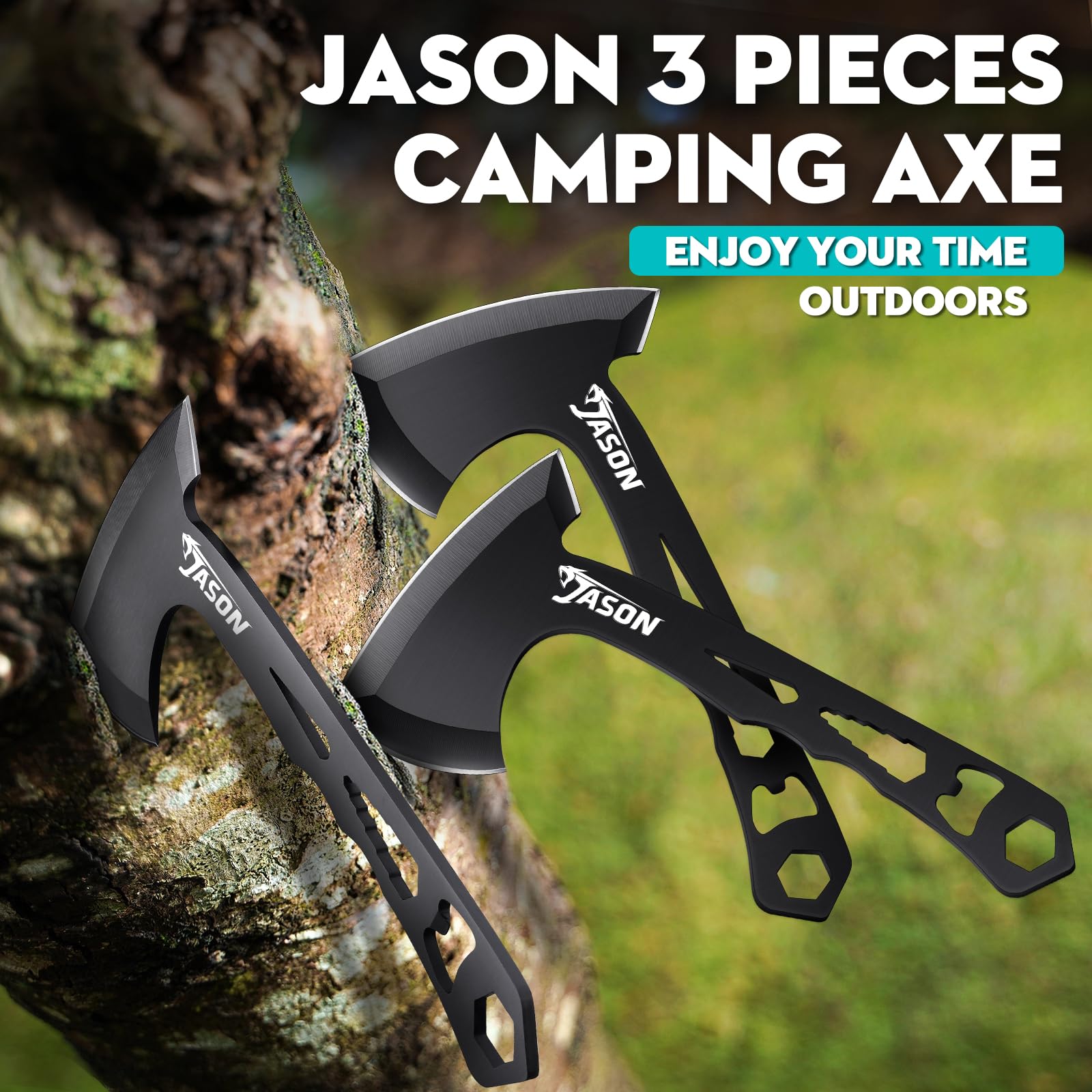 JASON Set di 3 ascia da campeggio Full Tang Survival Bushcraft con divorzio in nylon, piccoli regali per uomini