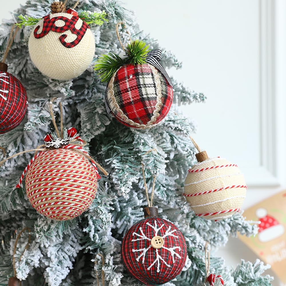 Farmhouse Rustic Christmas Hanging Ornaments, 12pcs 3.15in Shatterproof Burlap Buffalo Plaid Christmas Ball, Joy Noel Printed Vintage Decorations for Xmas Tree Wedding Holiday Party Home Decor