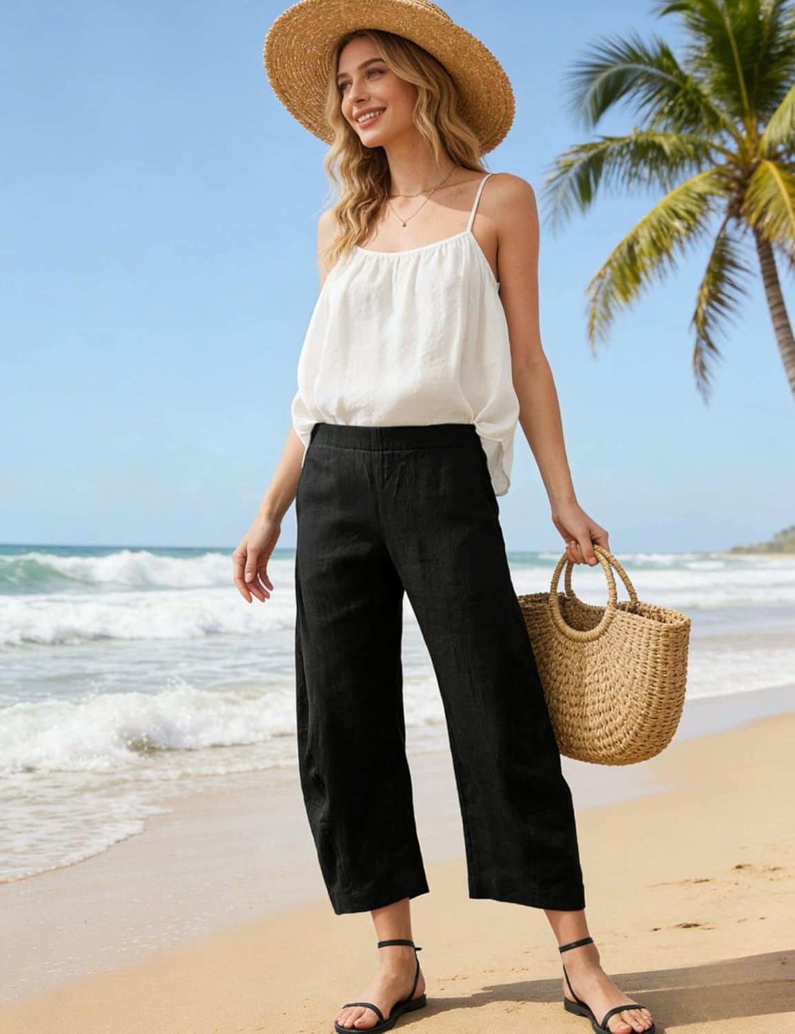 SeekMe Women's Cotton Linen Pants Barrel Leg Palazzo Elastic Waist Casual Capri for Beach Vacation - Image 4