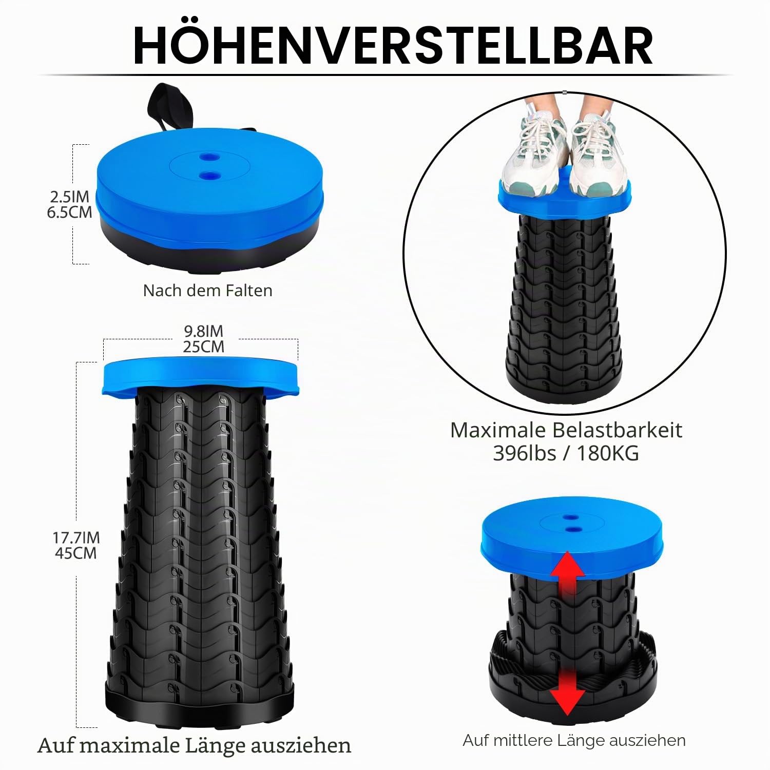 LUXJET Klein Klapphocker Höhenverstellbar für Camping - Tragbarer Falthocker Outdoor Angeln BBQ Drinnen Küche - Teleskophocker Belastbar 180 kg