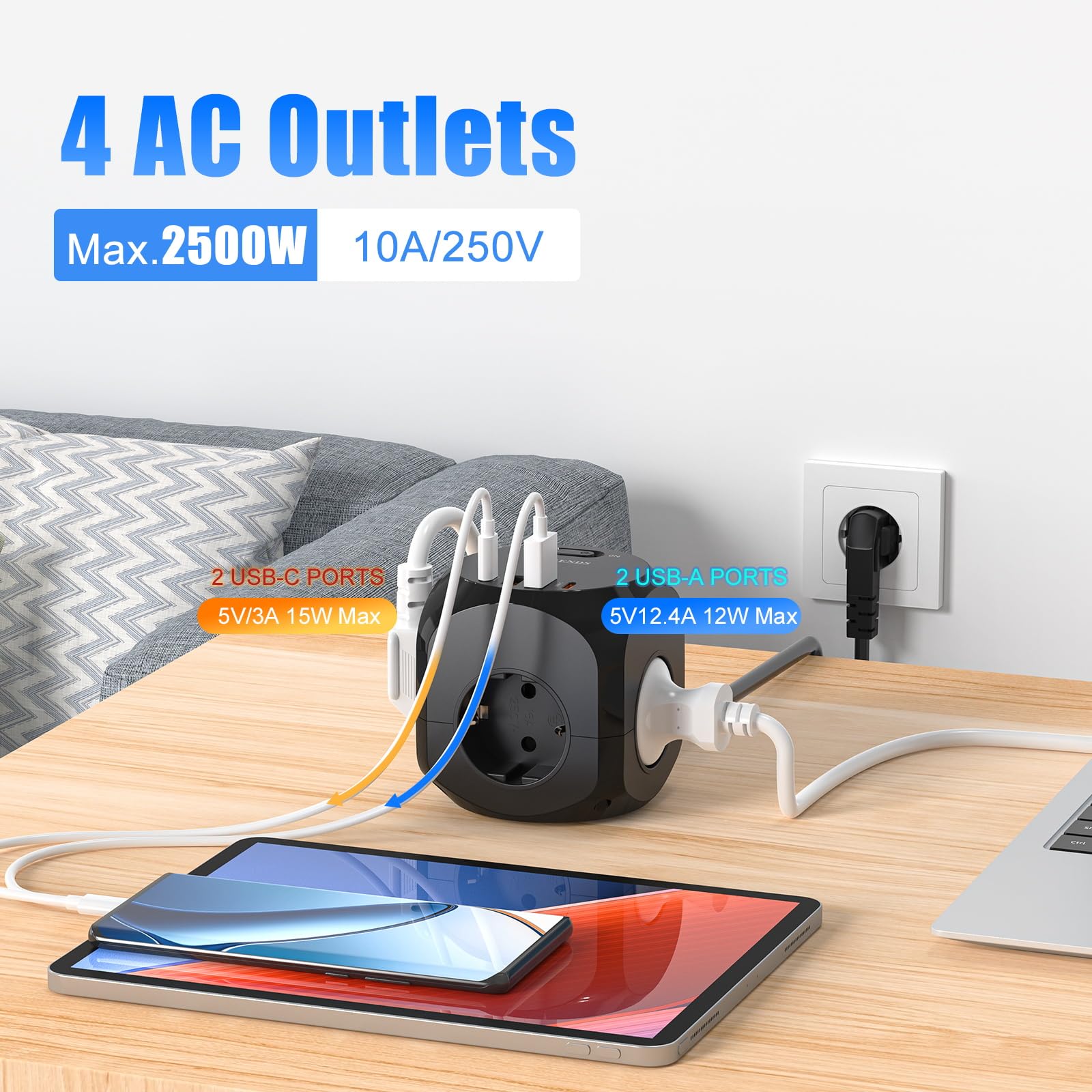 Prise de table 8 en 1 avec cube USB, cube de prise avec câble de 2 m