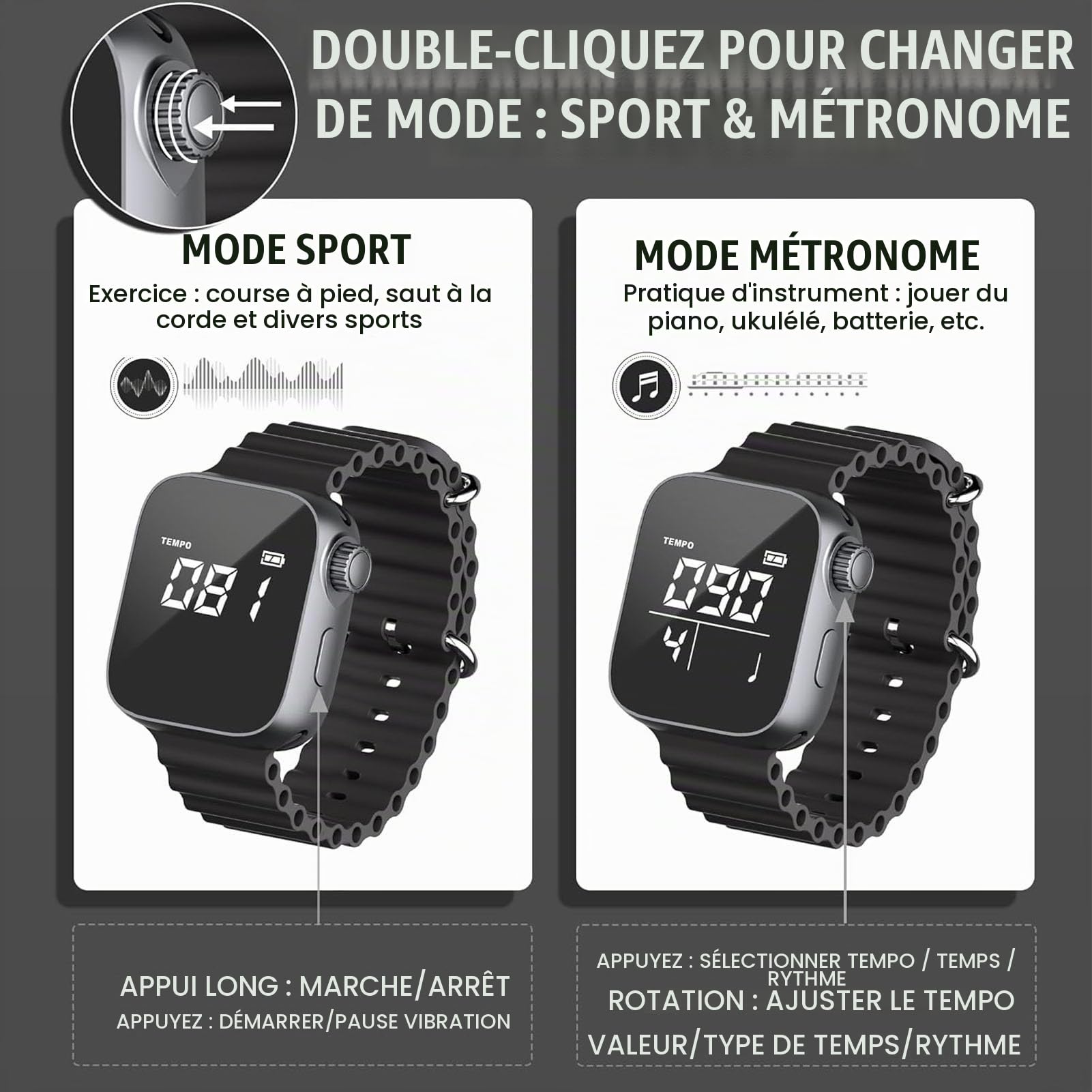 Bewinner Montre Métronome Vibrante, Métronome électronique Portable Réglable 40-240 BPM avec Mode Sport écran LCD Métronome de Poignet Rechargeable pour Musiciens Fitness