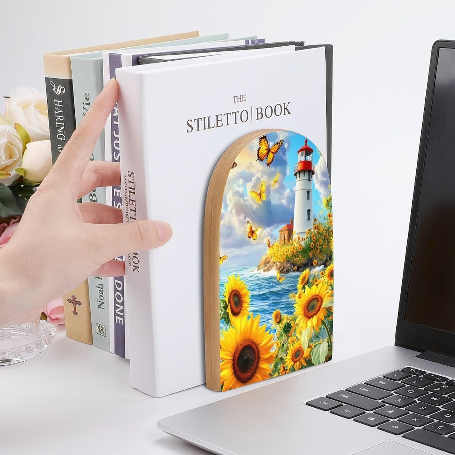 Sunflowers Butterfly Around Lighthouse Cute Wood Book Ends Decorative Bookends 1 Pair Non-Skid for Shelves Home Office 7 X 5 Inch