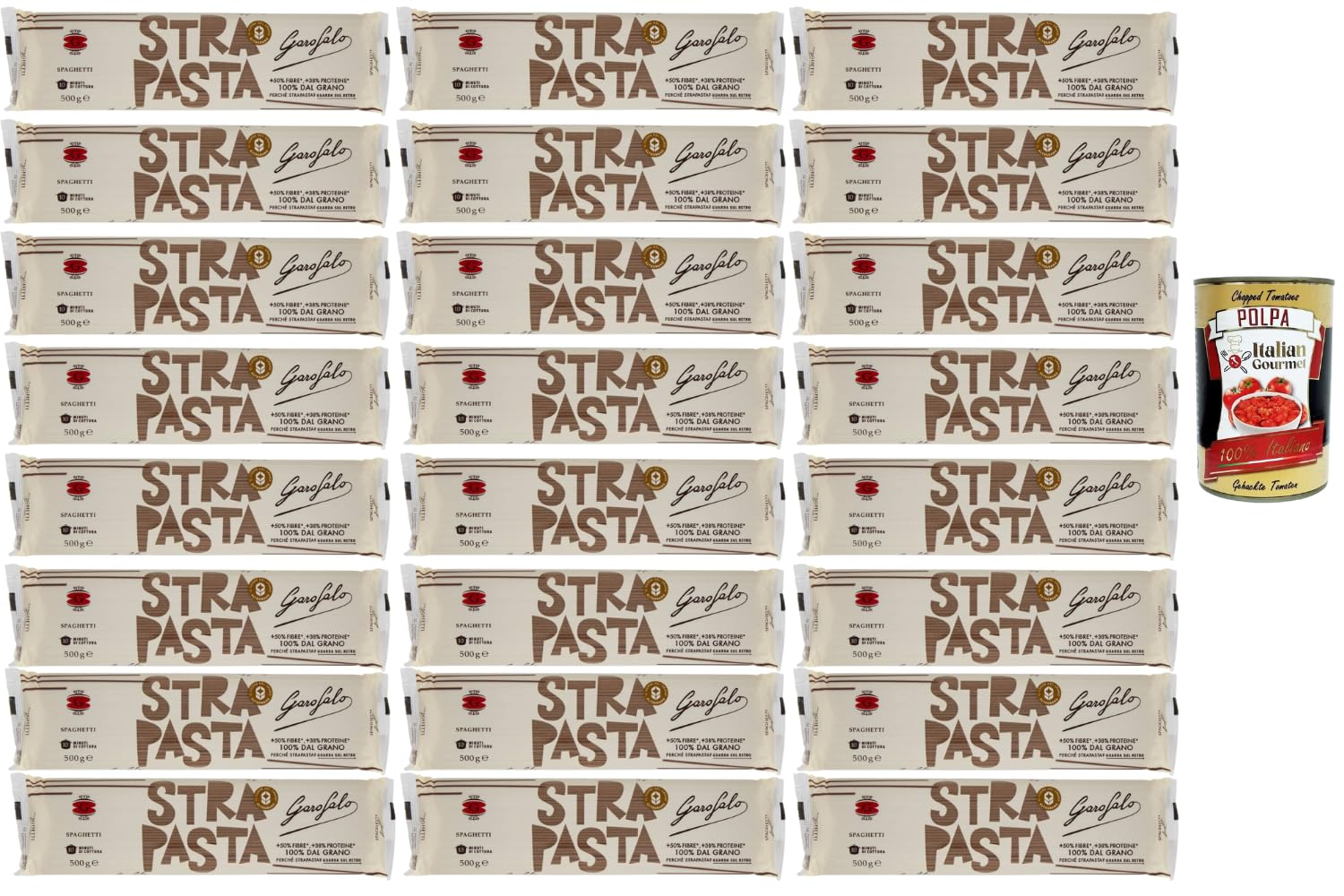 Italian Gourmet Spaghetti 24×500 g – StraPasta aus Hartweizengrieß, lange Nudeln für Sugo, Ragù & Pasta Klassiker, 12 kg, laut Hersteller +50% Ballaststoffe & +38% Protein + Italian Gourmet Polpa