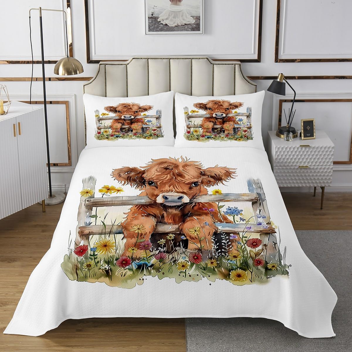 Erosebridal Highland Cow Coverlet Set Queen Size Floral Animal Bedspread for Kids Girls Boys Watercolor Kawaii Daisy Brown Beige Quilted Coverlet Soft Luxury Quilted