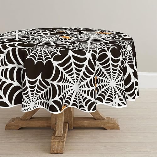 Horaldaily Mantel redondo de Halloween de 70 x 70 pulgadas, diseño de telaraña, diseño de telaraña, temática aterradora, color blanco y negro, para
