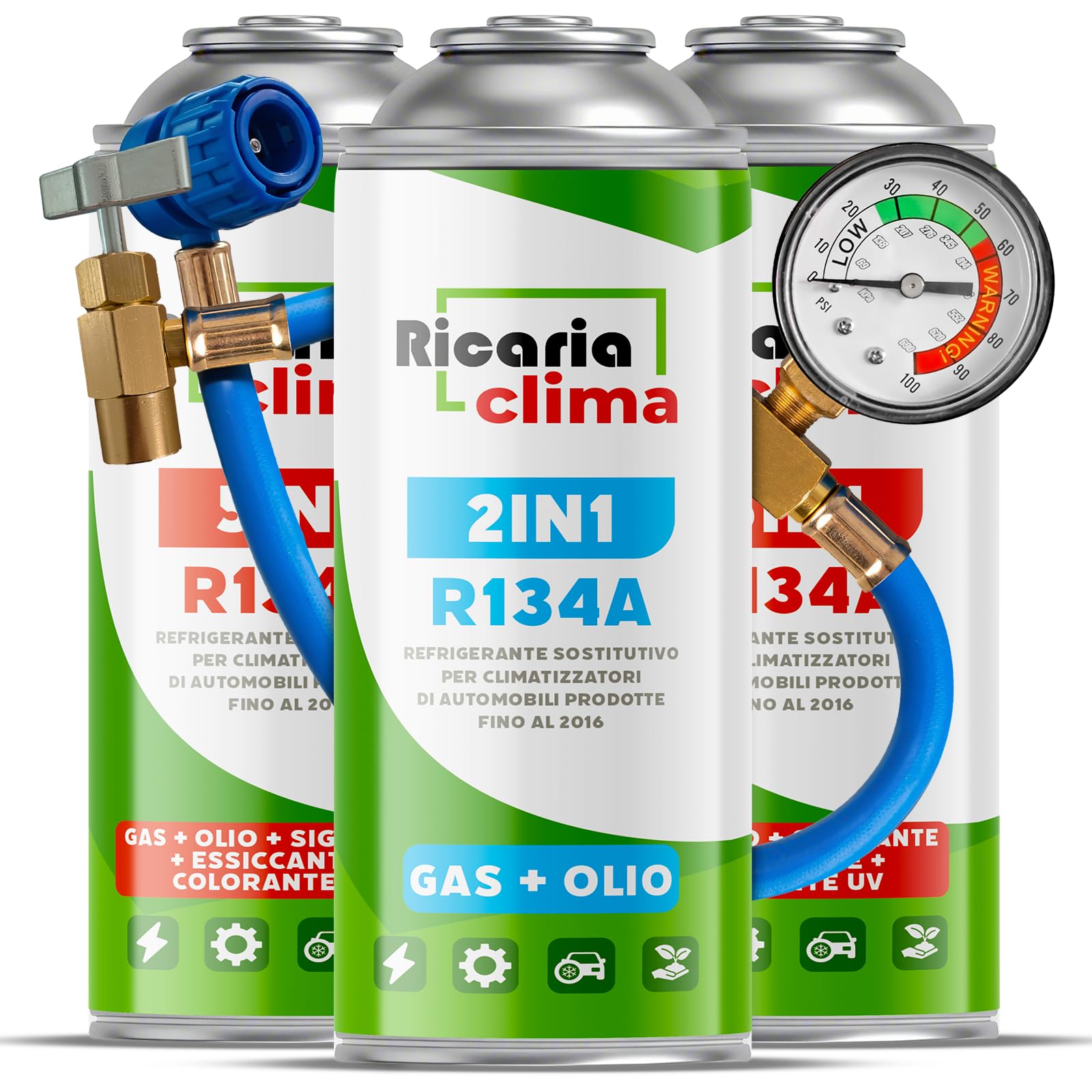 5in1 – 2x Gaz R134a i Olej + 2x Czynnik Chłodniczy R134a 5in1 XL 235g Każda Puszka, do Samochodowej Klimatyzacji z Olejem, Uszczelniaczem, Barwnikiem UV, Środkiem Osuszającym + Wąż