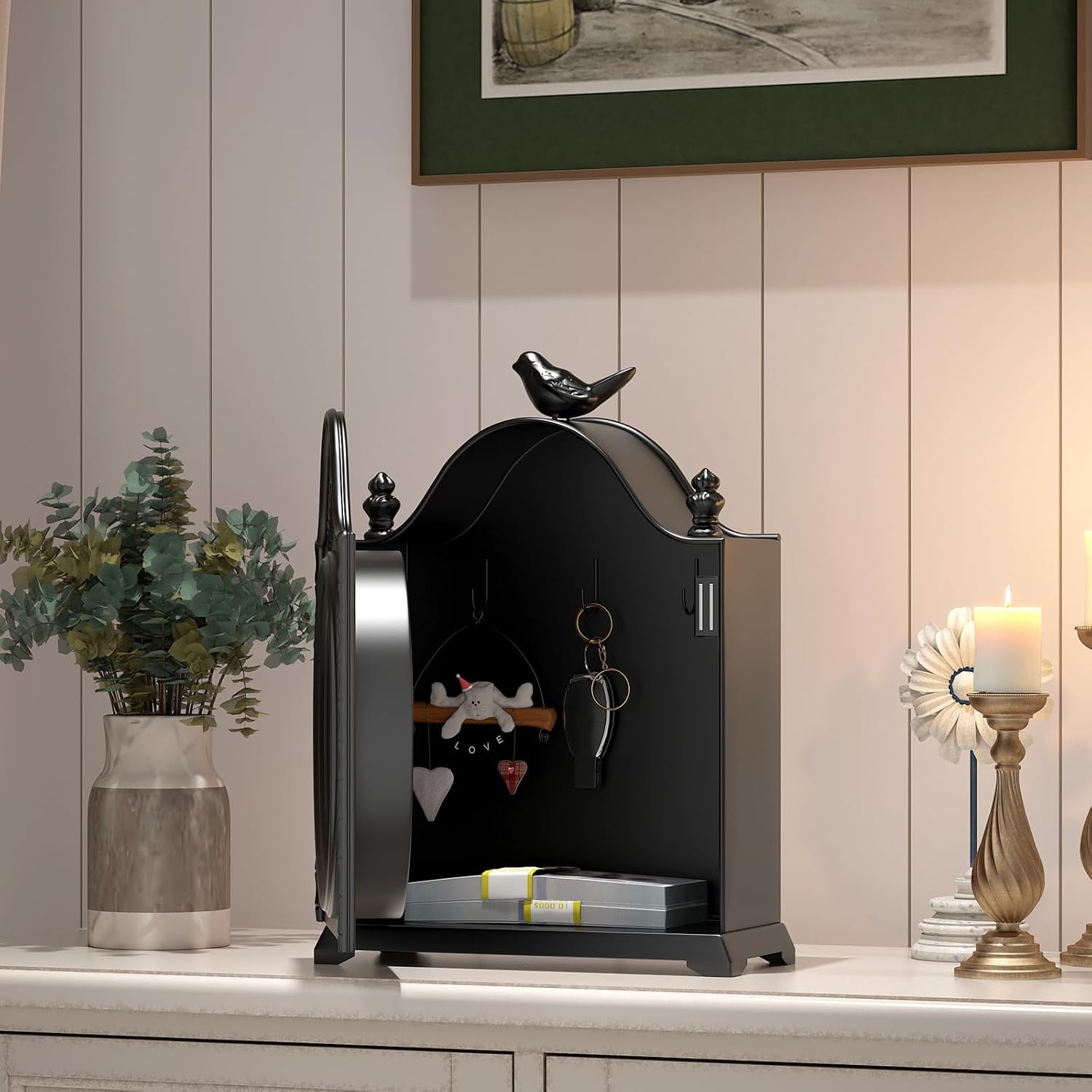 Vintage Bird Mantel Clock with Hidden Safe, Antique Black Style | Fireplace Clocks, Desk and Shelf Clock for Living Room Decor, Farmhouse, Office, Gifts New Home (13" H x 9.1" W x 4" D)