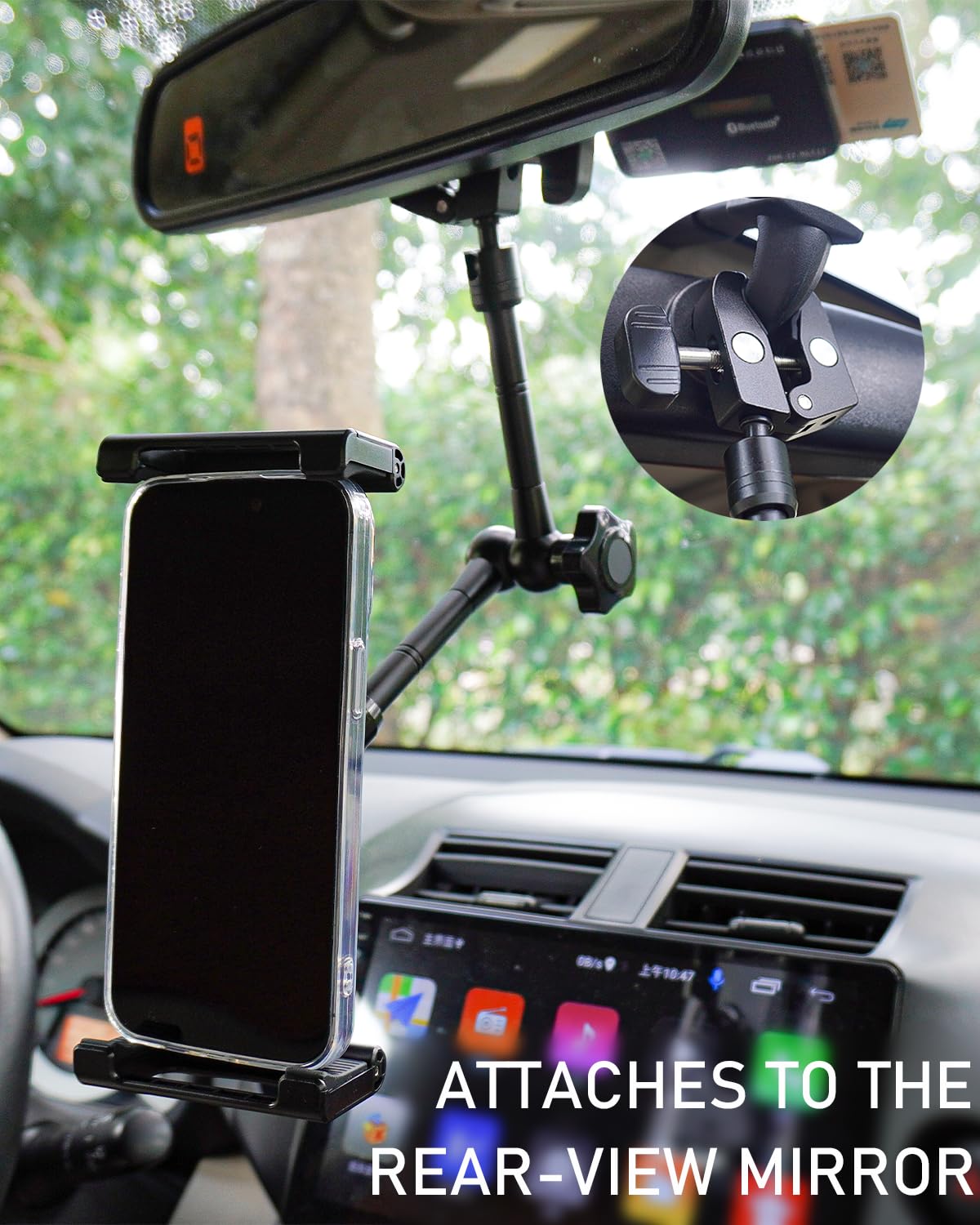 Soporte para tablet con espejo retrovisor, brazo largo de metal flexible, rotación de 360° y soporte plegable para tableta, se adapta a fundas gruesas (profundidad máxima de 1.18 pulgadas) para iPad