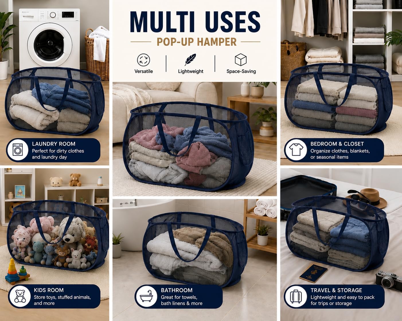 2 Pack Pop Up Laundry Hamper, Mesh Foldable Laundry Basket with Side Pocket & Durable Handles, Collapsible Clothes Hamper for Bathroom, College Dorm, Bedroom & Travel, (Wider - Blue)