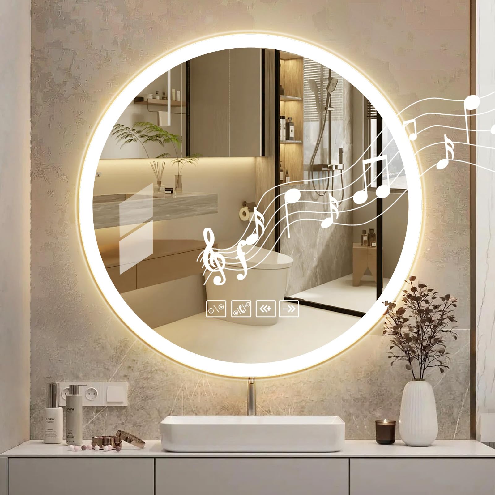 Specchio da bagno con luci LED da parete, antiappannamento, dimmerabile in 3 colori, LED, vetro temperato HD, specchio intelligente Bluetooth, bagno, 60 x 60 cm