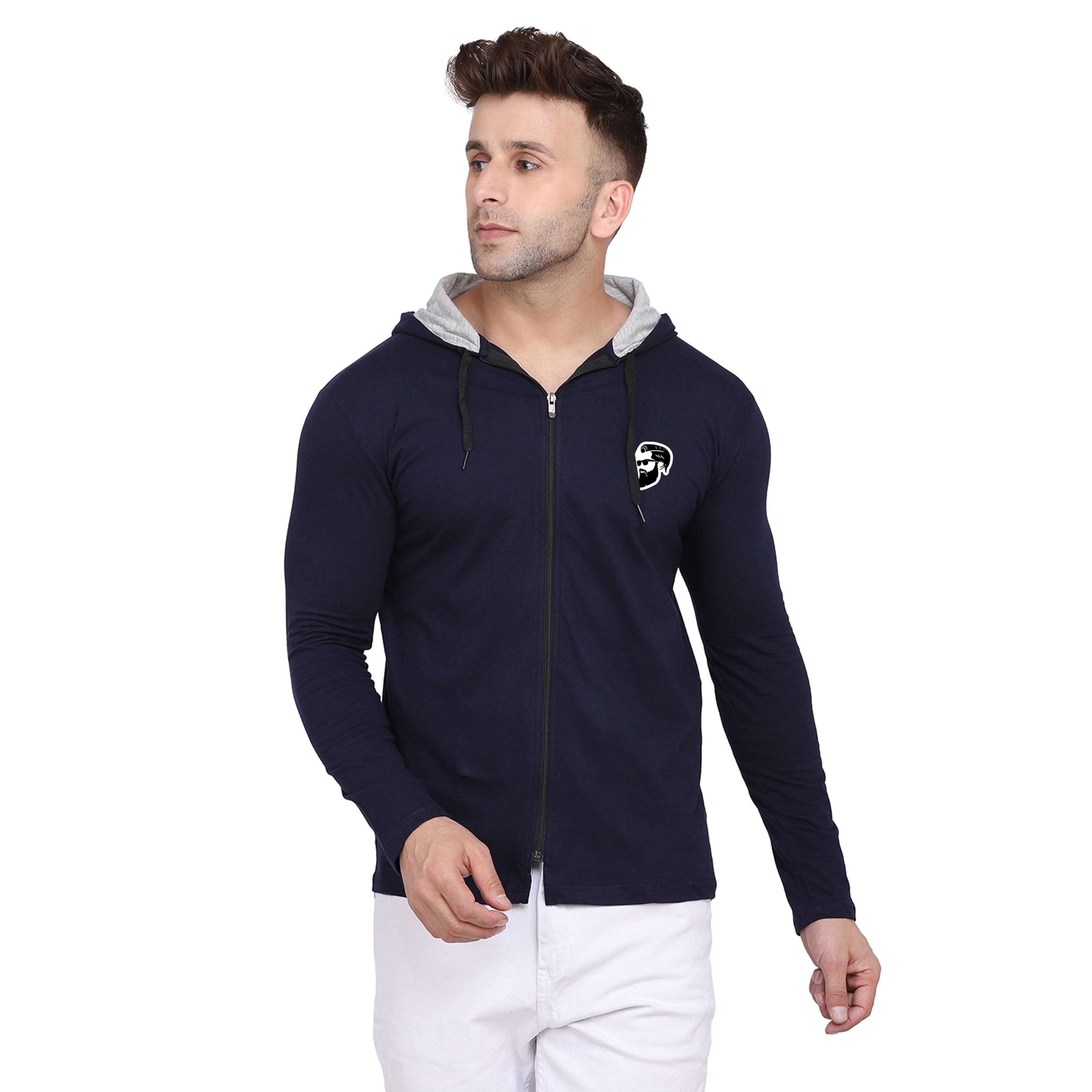 Men's Zip-Up Hoodie Style T-Shirt | Dual Tone Full Sleeve Cotton Blend with Printed Logo | Casual Athleisure Wear Dark Blue-image-16