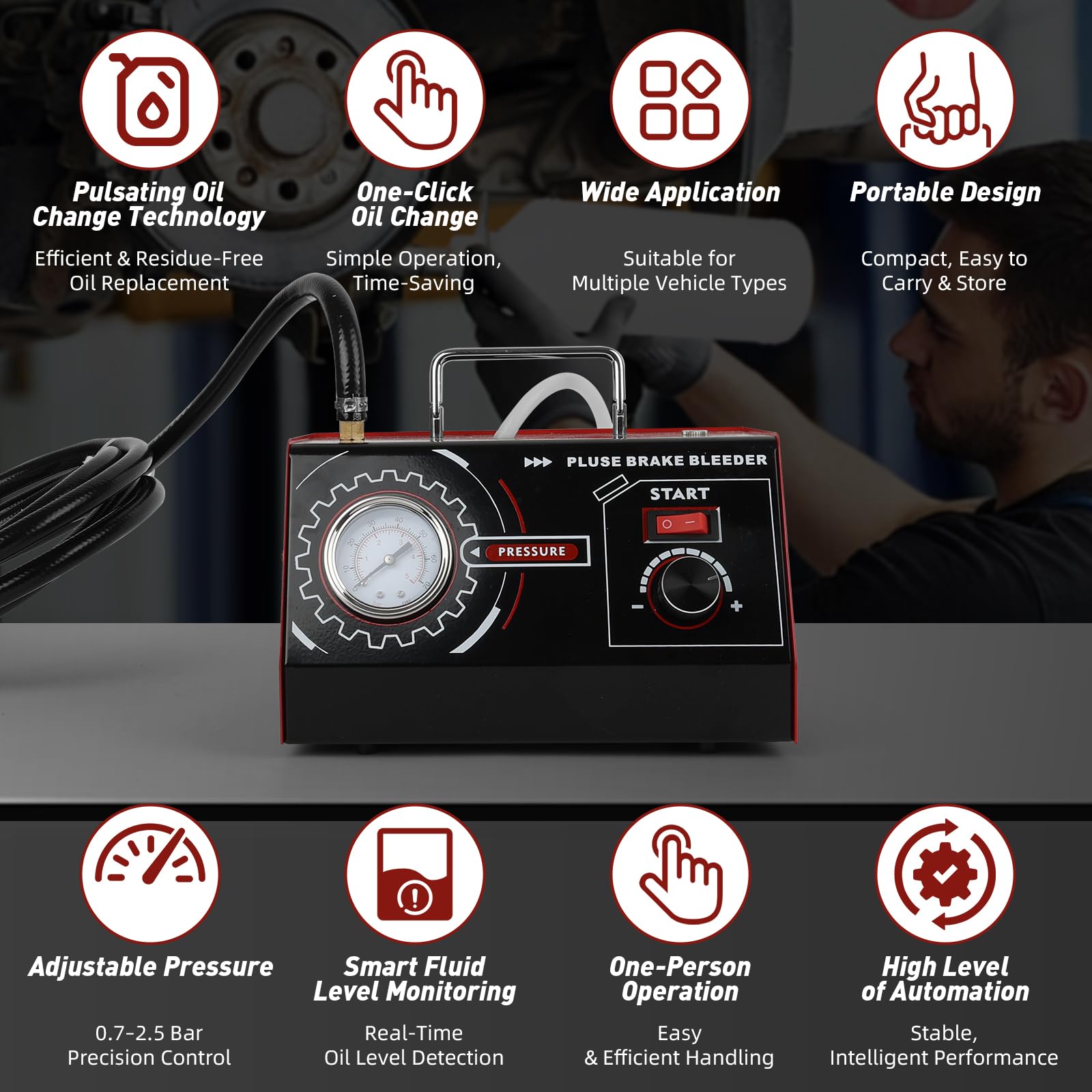 JAOGAUS Dispositivo Spurgo Freni DC 12V, Sistema Automatico Pulsato | per Cambio Liquido Freni, Pressione Regolabile 0,5–2,5 Bar, con Adattatore Cilindro Maestro e Bottiglia Raccolta Olio, Nero