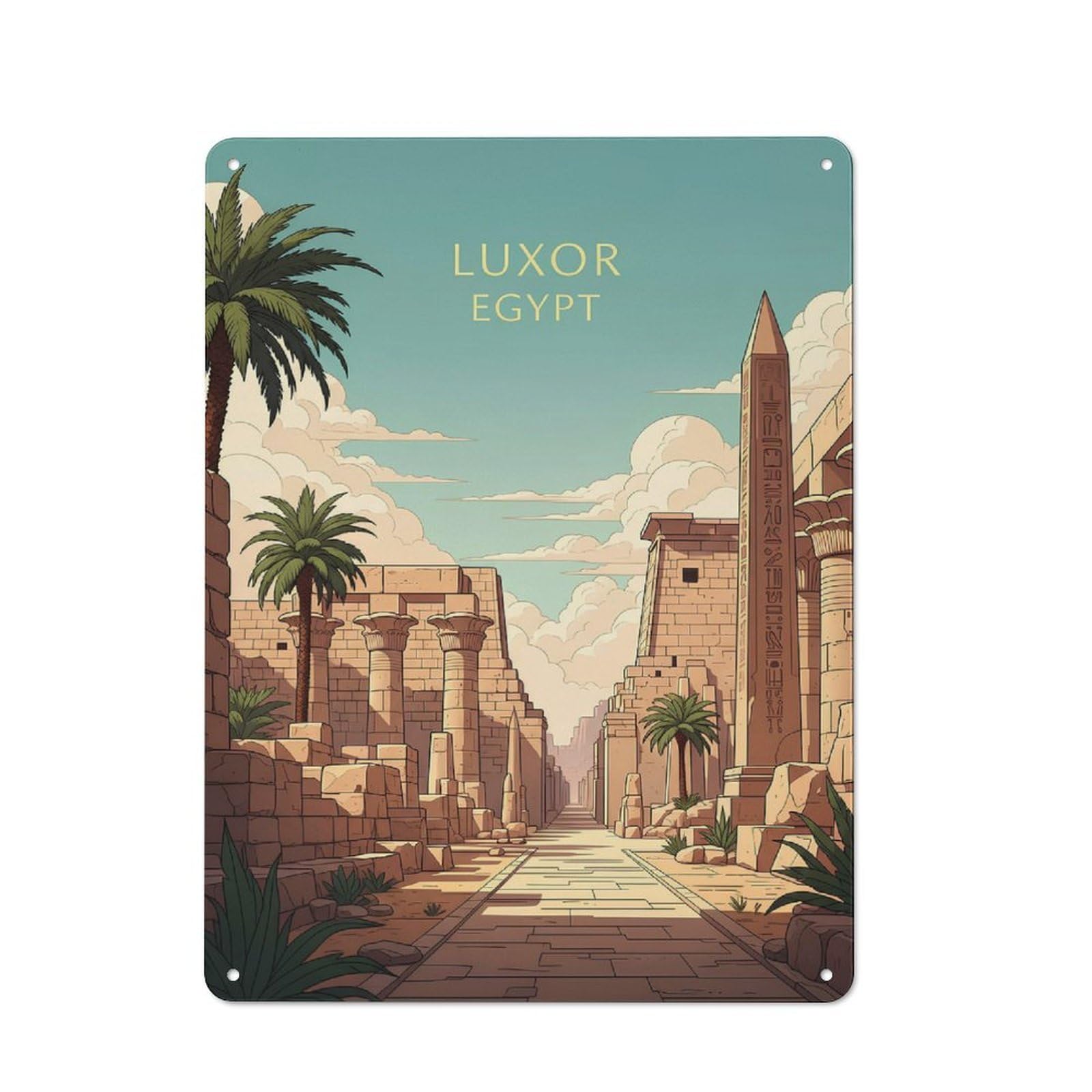 Junmoney Style-24 Luxor Egypt Ancient Ruins Illustration Vintage Metal Plaque 40X30cm For Hobby Room Or Studio, For Kitchen, Dining Room And Home Bar Wall Decor