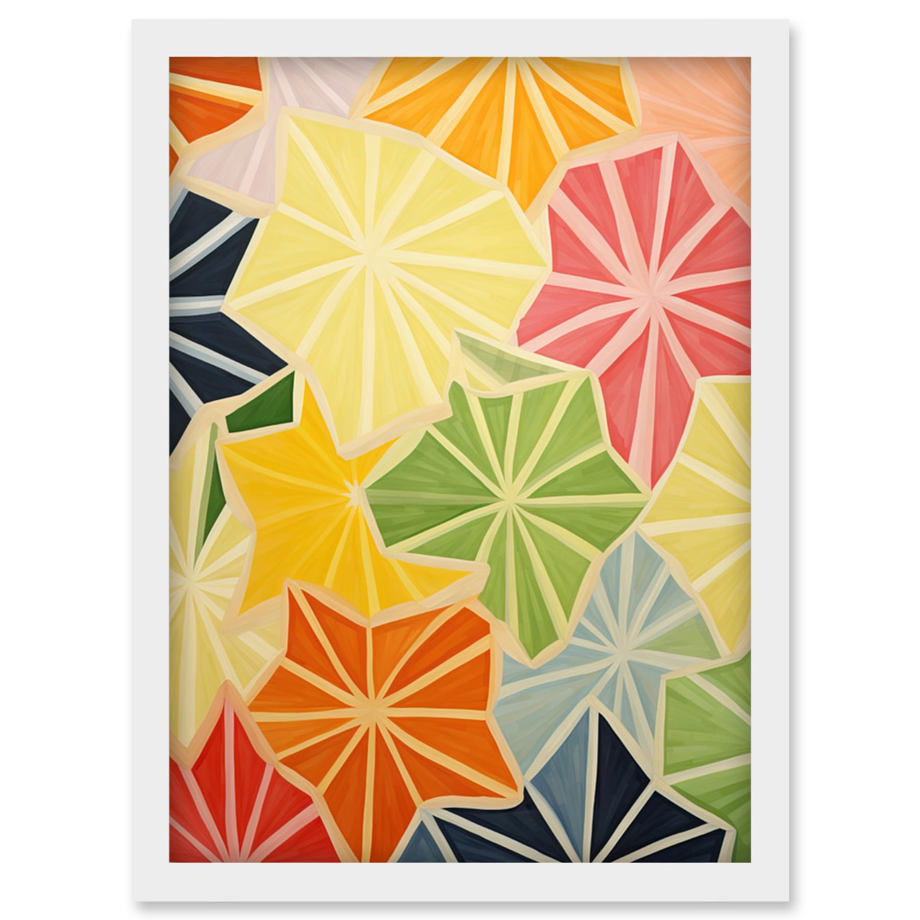 Artery8 Colourful Slices of Star Fruit Bright Watercolour Painting Abstract Carambola Kitchen Artwork Framed Wall Art Print A4