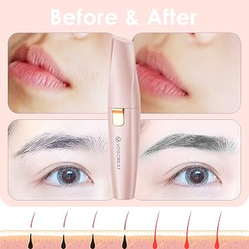 VG VOGCREST 2 in1 Trimmer with Replacement Heads - Rechargeable Facial Hair Removal and Eyebrow Shaver - Face Lips Body Painless Facial Razor with Built-in LED Light (Pink)