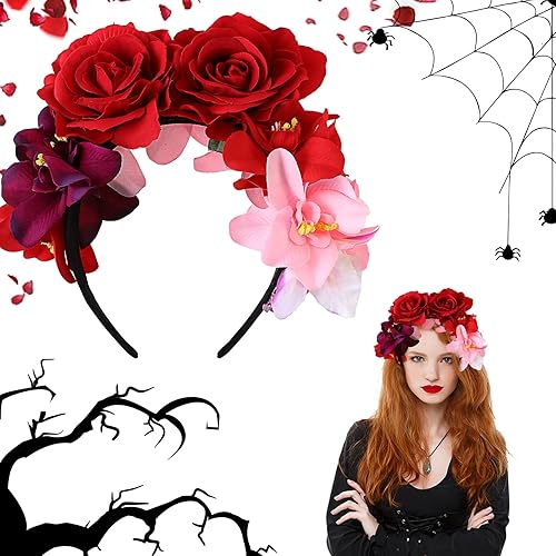 WLLHYF Diadema de corona de rosas mexicanas para Halloween, tocado floral para boda, fiesta, cosplay, disfraz de diadema, accesorios para el cabello