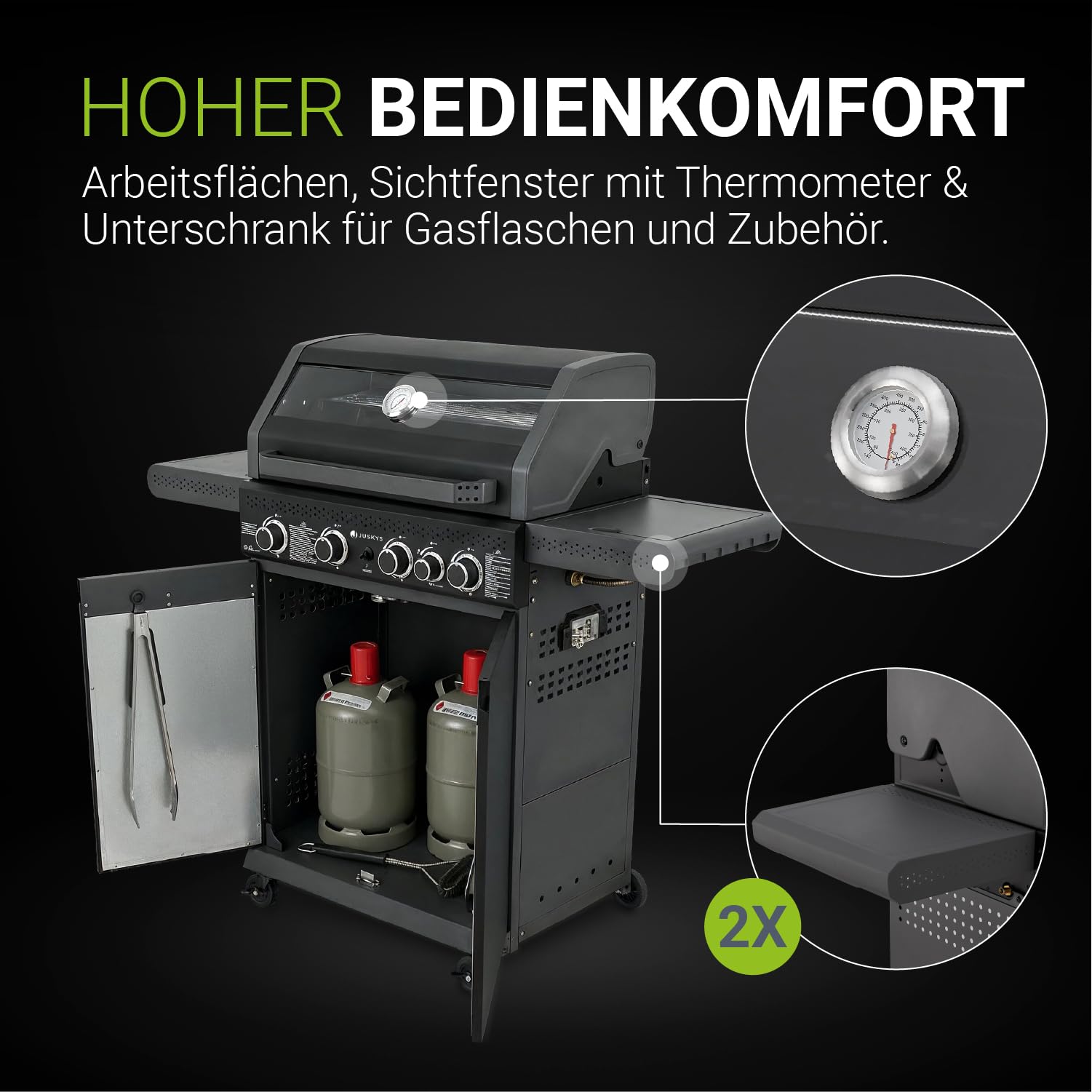 Juskys BBQ Gasgrill Savannah - 4 Brenner und 1 Seitenbrenner - XXL Stahl Gas Grill mit Gusseisen Grillrost, Kochfeld, Unterschrank für Gasflasche