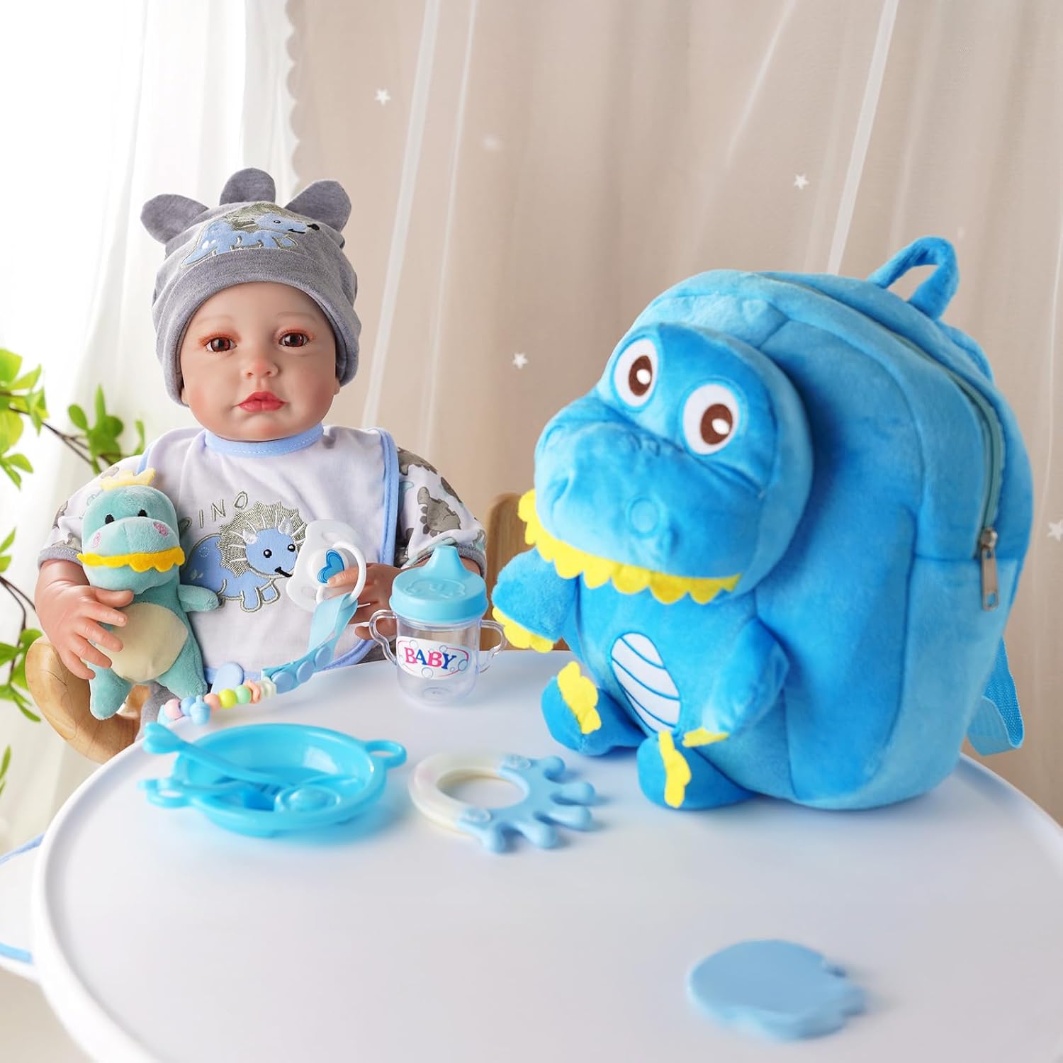 BABESIDE Baby Doll Accessories for 17-22 Inch Dolls – 18 Piecs Dinosaur Reborn Baby Doll Accessories Set with Baby Doll Clothes, Backpack, Feeding Set, Birthday Gift for Boys & Girls