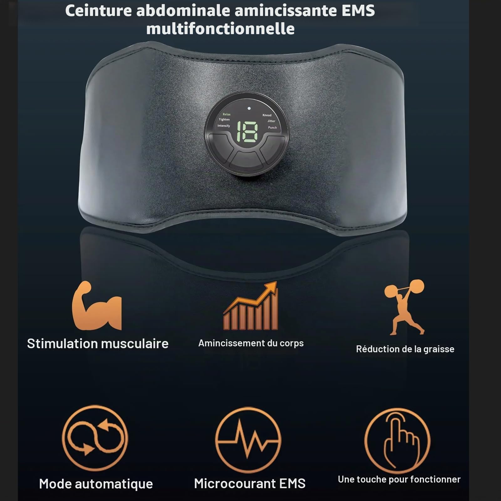 Ceinture d'électrostimulation musculaire EMS pour abdominaux et ceinture abdominale | 6 modes, 18 niveaux d'intensité, ceinture abdominale réglable de 118 cm | Appareil de fitness rechargeable par USB