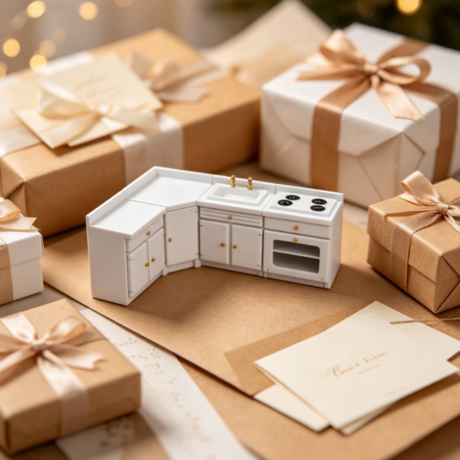 Mobiletta Cucina in Miniatura con Lavello Fornello Frigo E in Legno di Betulla per Casa Delle Bambole Diorama Collezionisti Regalo