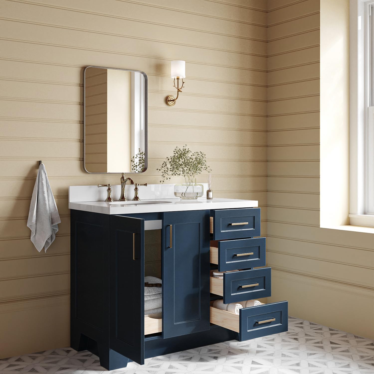 ARIEL Taylor 42-inch Bathroom Vanity with Sink,Solid Wood, 1.5-inch Pure White Quartz Countertop & Backsplash, Single Oval Porcelain Sink, 2 Soft Closing Doors, 5 Dovetail Drawers, Midnight Blue
