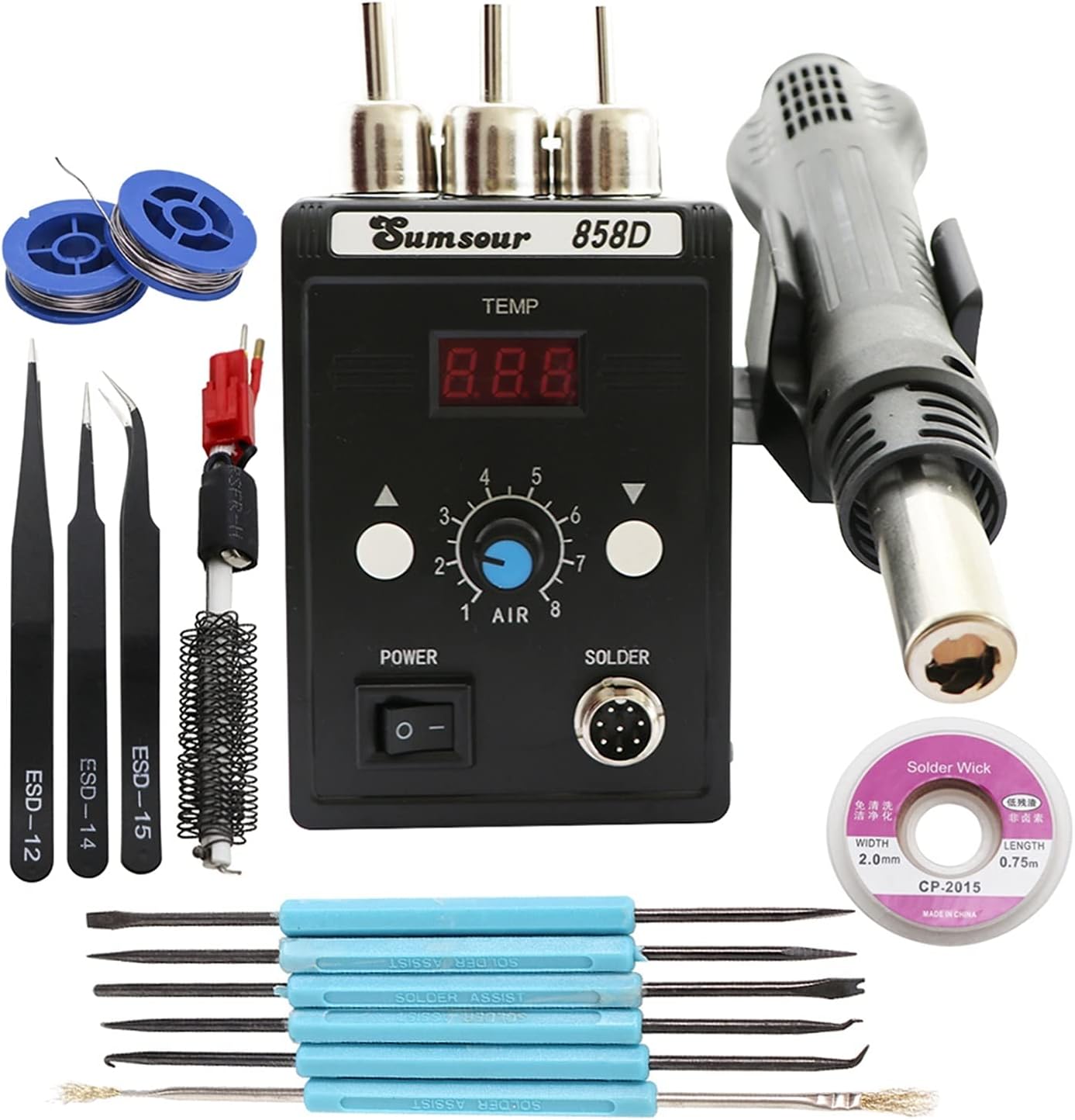 Soldering Station 858D Hot Air Soldering Station LED Digital Solder Desoldering BGA Rework Welding Repair Heat (Color : Black Set-2) (Silver Set)