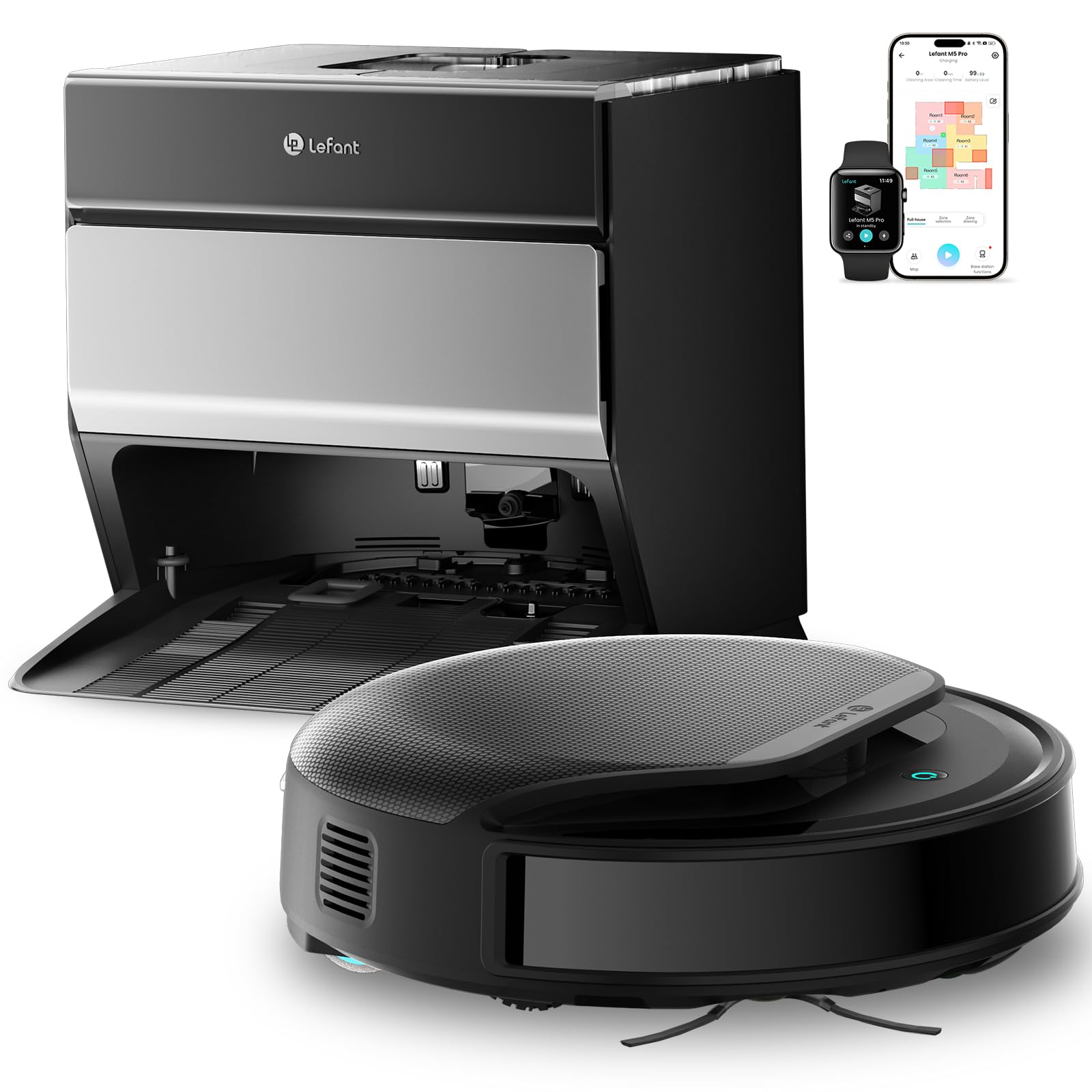 Lefant M5 Pro Robot Aspirapolvere Lavapavimenti con Rullo, Mappatura Laser dToF, Aspirazione 18000Pa, Zero-Groviglio, Lavaggio Rullo 75°C con Asciugatura, Stazione Autopulente, Alexa/App, Argento