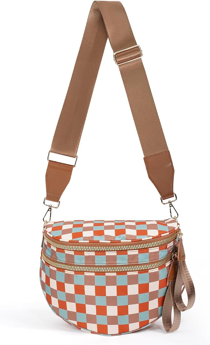 Checkered Crossbody Bag Nylon Bum Bags for Women Spacious Handbags Plus Size Sling Bag for Women