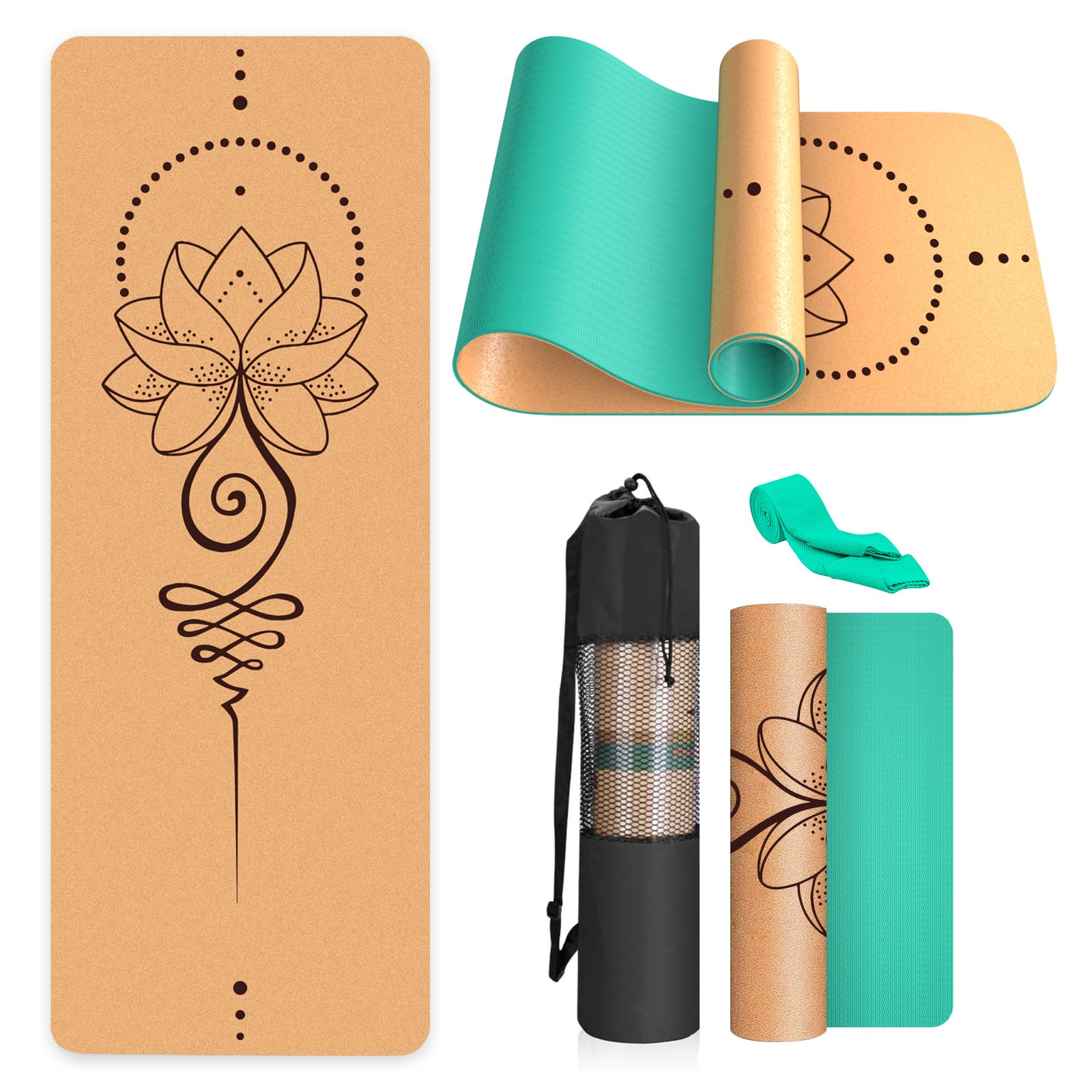 Haninj Cork Yoga Mat Non Slip Unique Design Natural Cork Tpe Material Fitness Exercise Mat with Carry Bag and Strap For Home, Pilates,Aerobic,Gym & Workout 72 X 24 (Green-Lotus)