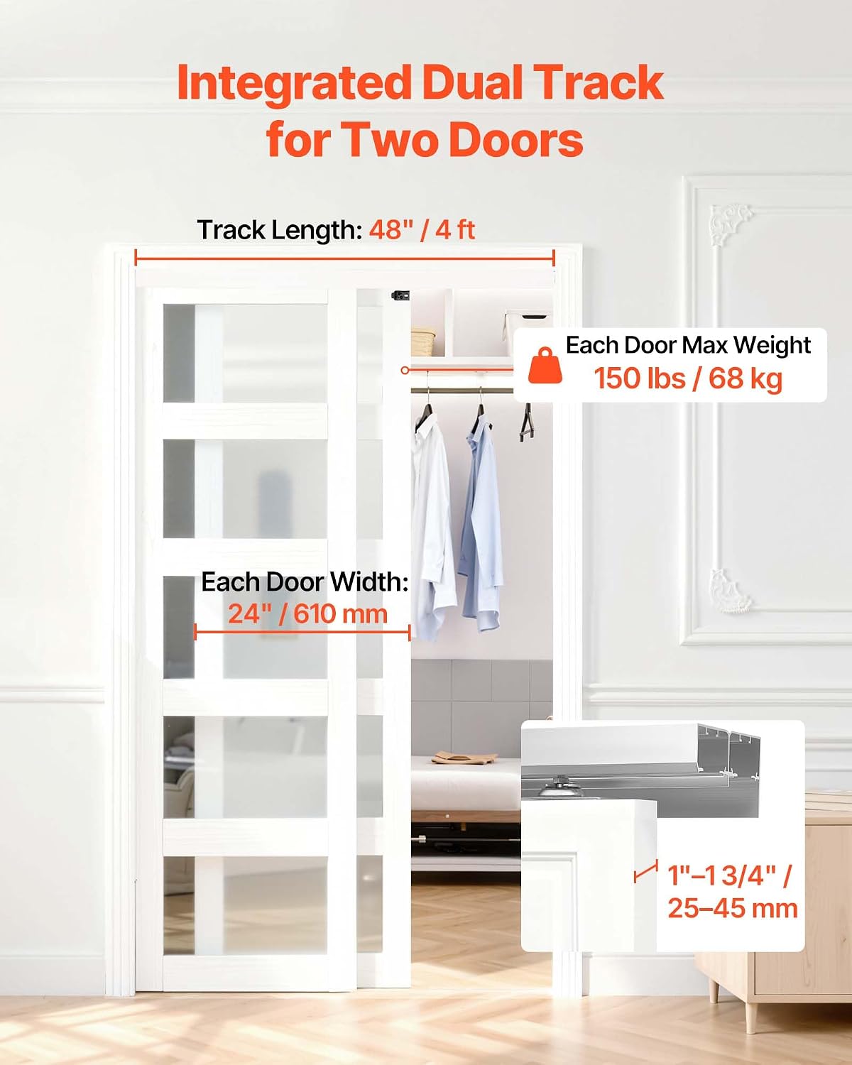 VEVOR Bypass Sliding Door Hardware Kit, 4 ft Aluminum Alloy Dual-Track Bypass Door Hardware, Smooth and Quiet Sliding, Easy to Install, for 1" to 1 3/4" Thickness 24" Width 2 Door System, for Closet