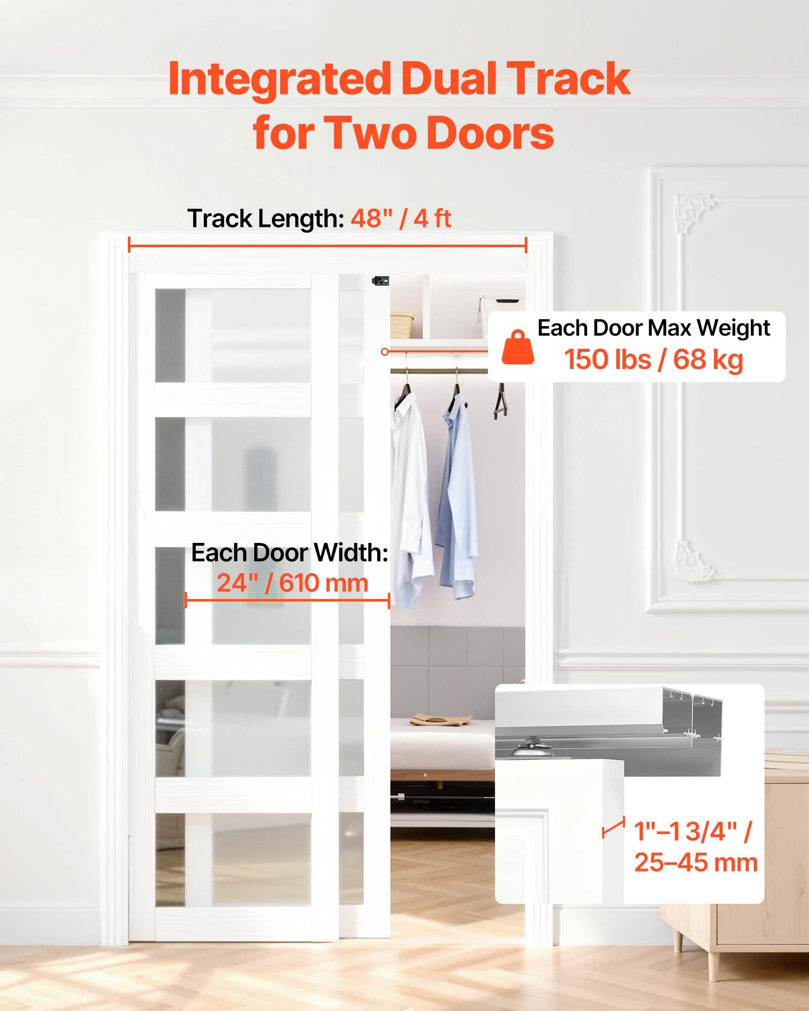 VEVOR Kit Binario per Porta Scorrevole Guida Doppia per Porta a Scomparsa Lunghezza 1219 mm, Kit Ferramenta per Guida in Lega di Alluminio di Porte Scorrevoli Larghezza 610 mm Armadio Camera da Letto