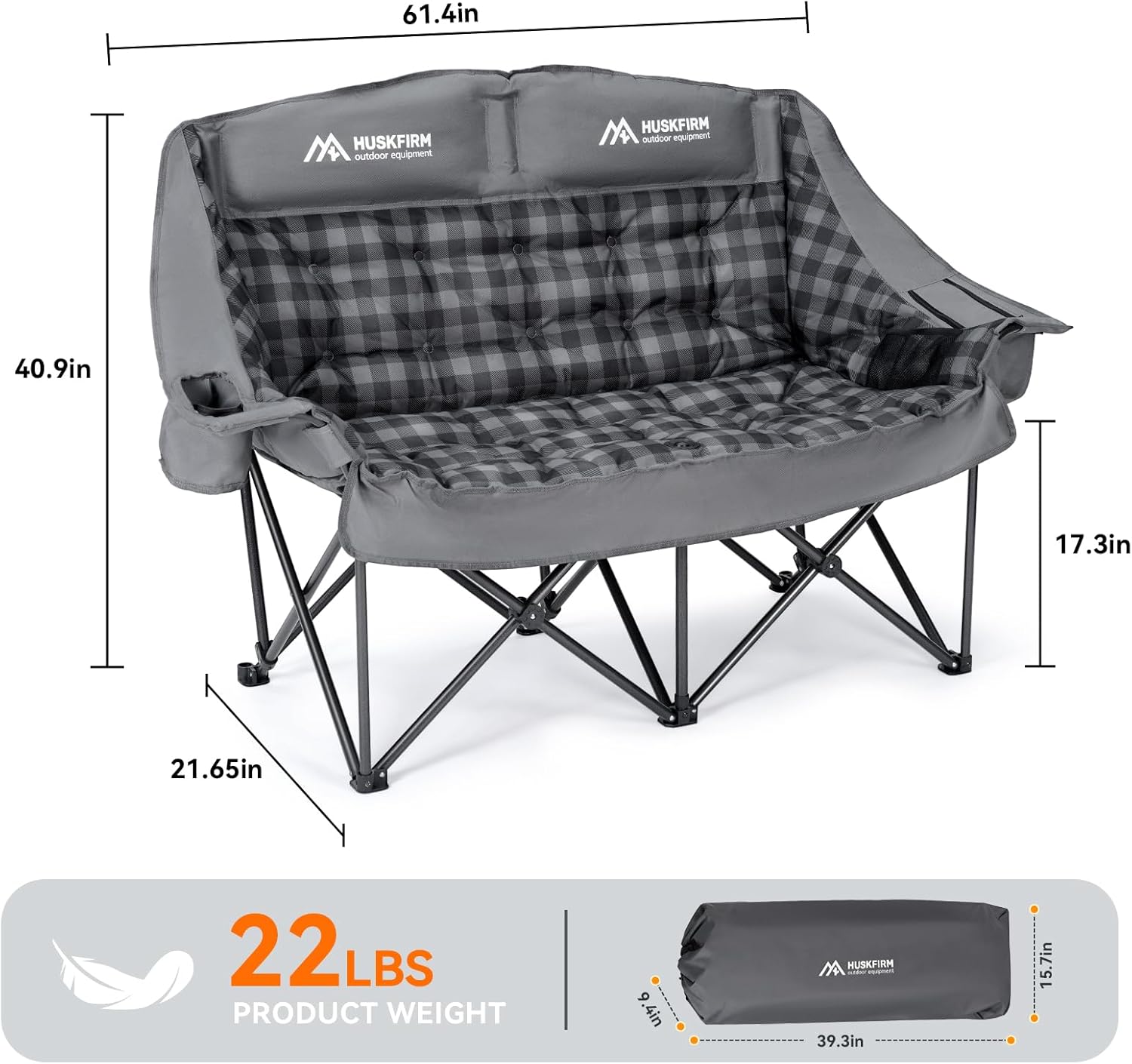 Padded Double Camping Chair High Back Double Seat Camping Chair Oversized Camping Loveseat Support 800LBS Heavy Duty Camping Couch with Cup Holders, Cooler, Carry Bag, Grey - Image 3