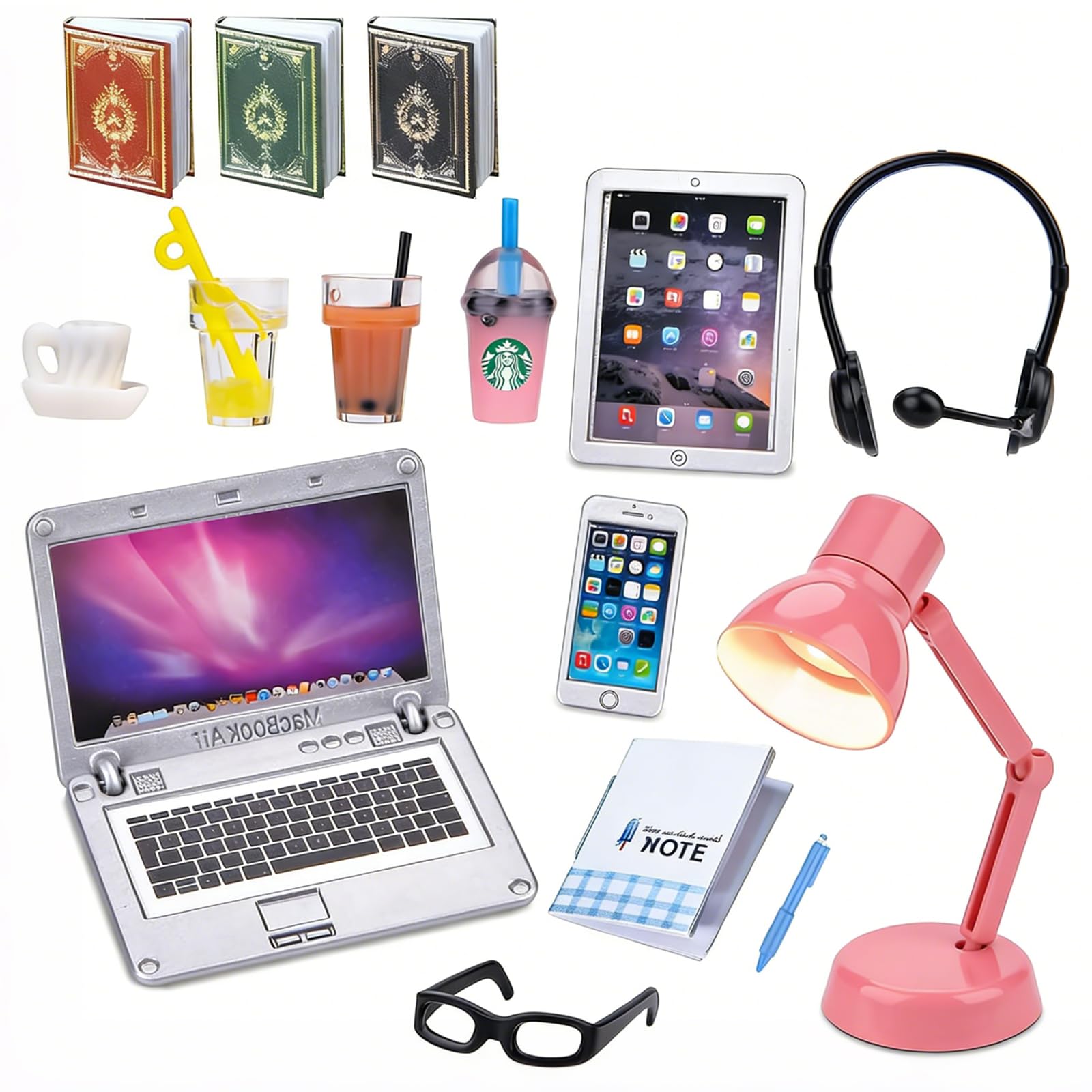 Qwrqwr Doll House Miniature Phone Laptop Computer dolls house light Books Glasses Coffee Headset Mini Simulation Accessories