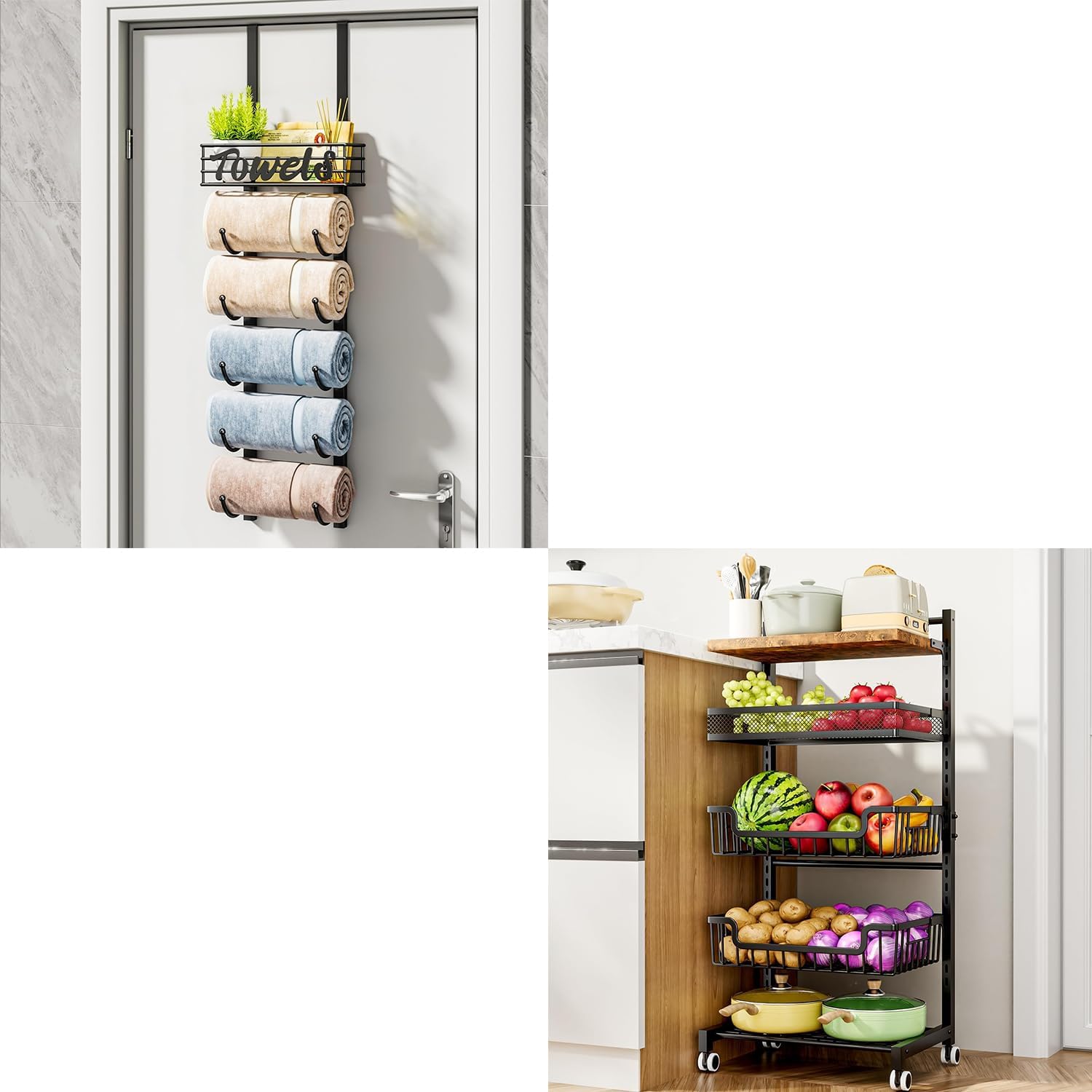 HapiRm Fruit Basket Kitchen Storage Cart and Over Door Towel Rack