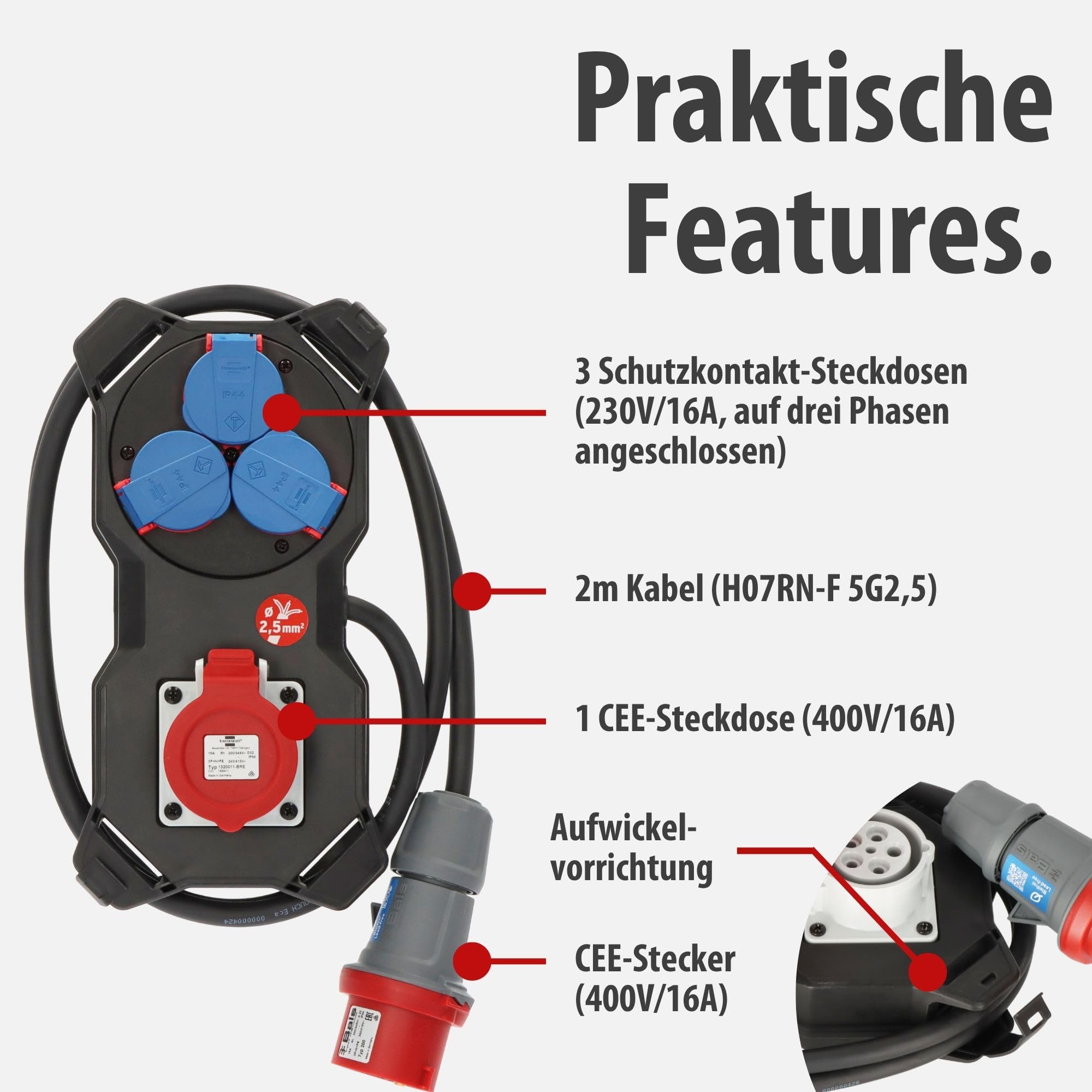 Brennenstuhl Stromstation/Stromverteiler 16A (2m H07RN-F 5G2,5 Kabel, für Baustelleneinsatz und ständigen Einsatz im Außenbereich IP44, für Wandaufhängung geeignet, Made in Germany)