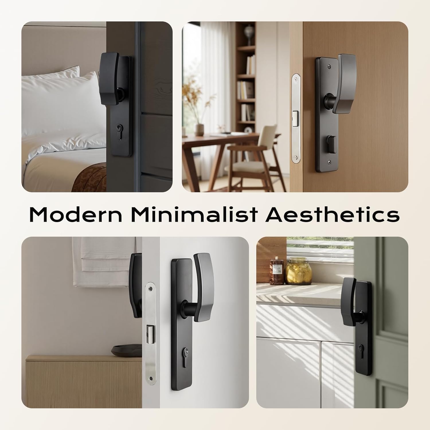 Push Pull Door Handle Set, Matte Black Interior Door Handle with Lever, Zinc Alloy Silent Door Lock for Bedroom, Modern Door Hardware, Reversible for Left & Right Wooden Doors